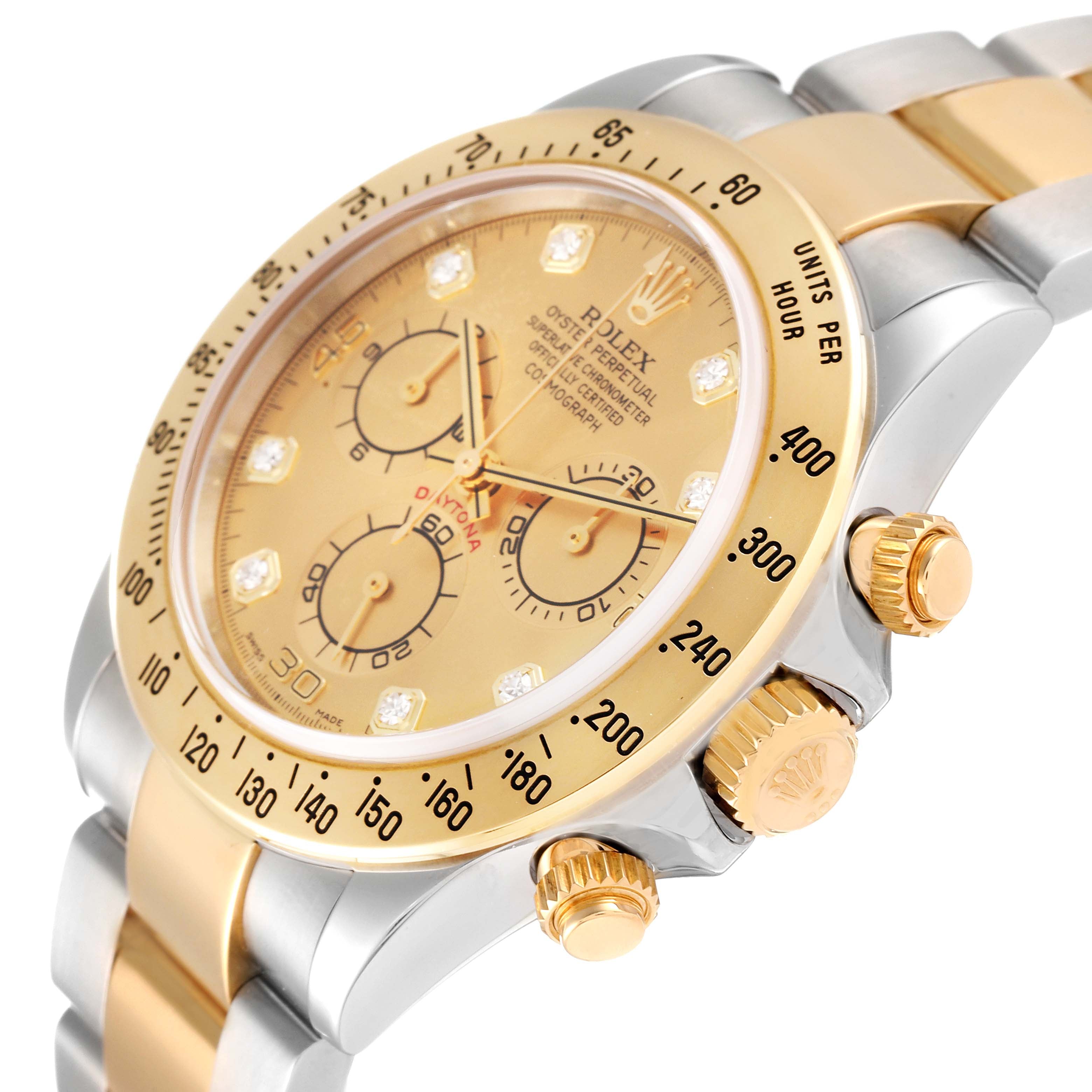 Rolex Daytona Yellow Gold Steel Champagne Diamond Dial Watch 116523 Box Papers