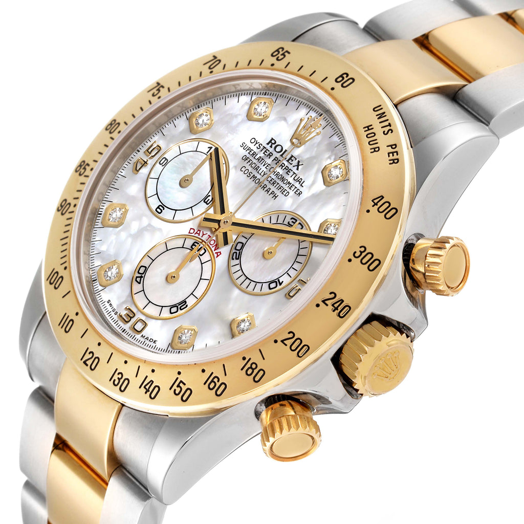 Rolex Daytona Yellow Gold Steel MOP Diamond Watch 116523 Box Card
