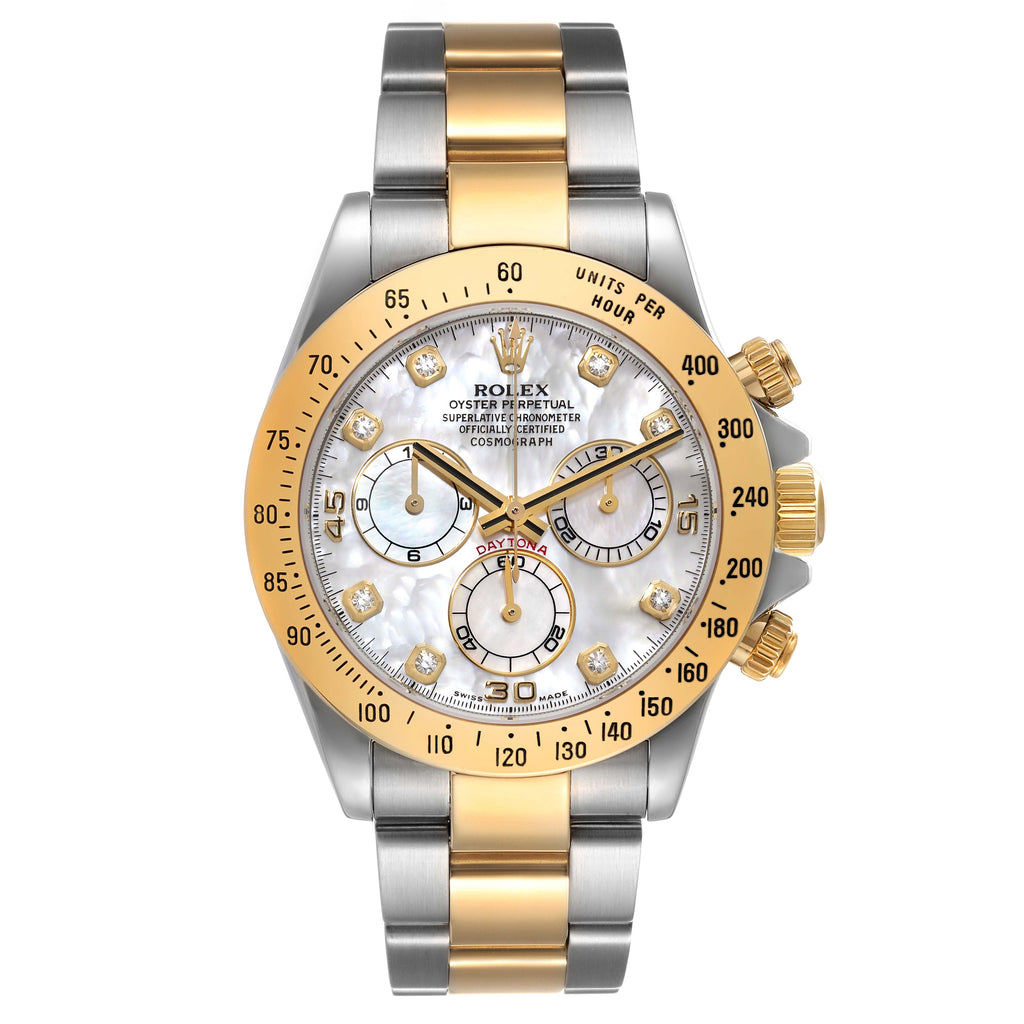 Rolex Daytona Yellow Gold Steel MOP Diamond Watch 116523 Box Card