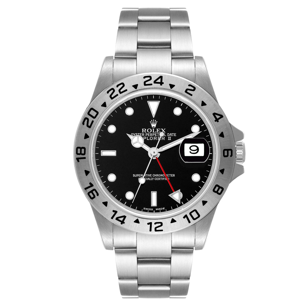 Rolex Explorer II Black Dial Red Hand Steel Mens Watch 16570 Box Papers