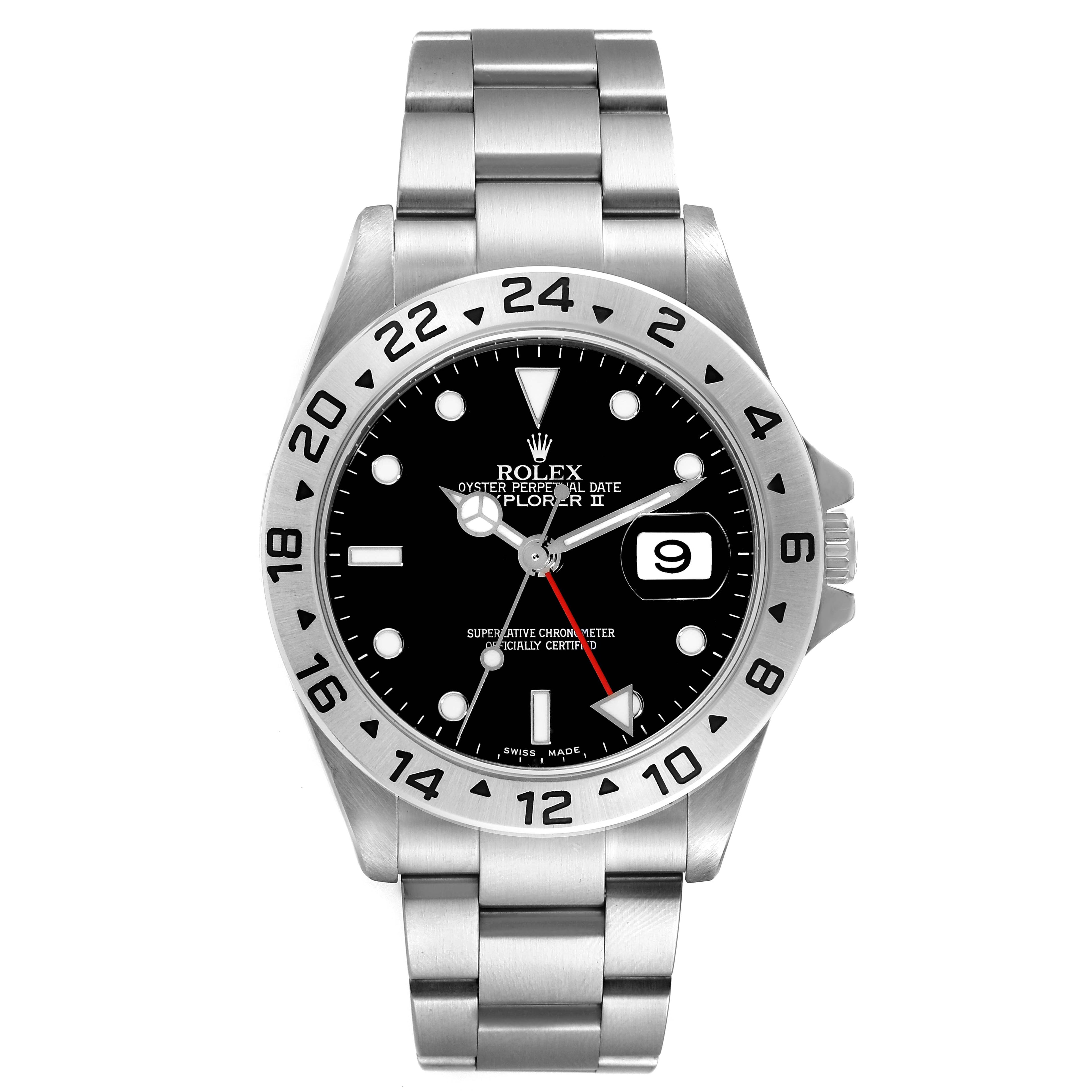 Rolex Explorer II 40mm Black Dial Red Hand Steel Mens Watch 16570 Box Papers