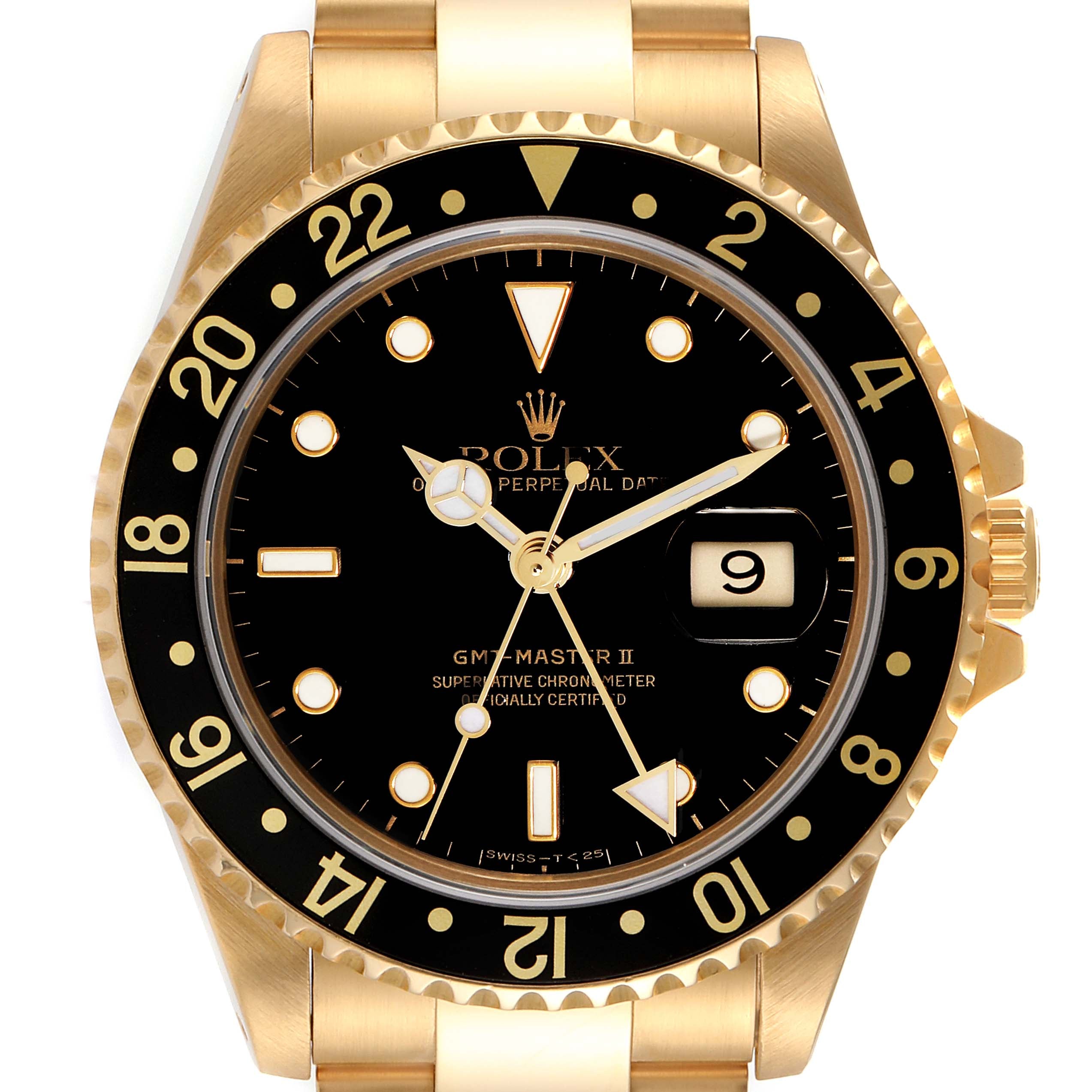 Rolex GMT Master 18K Yellow Gold Black Dial Mens Watch 16718 Box Service Card