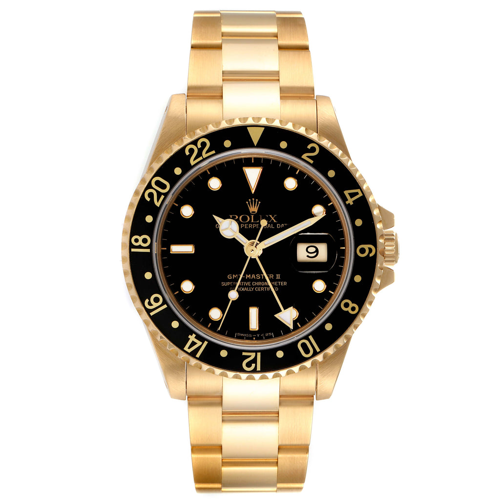 Rolex GMT Master 18K Yellow Gold Black Dial Mens Watch 16718 Box Service Card