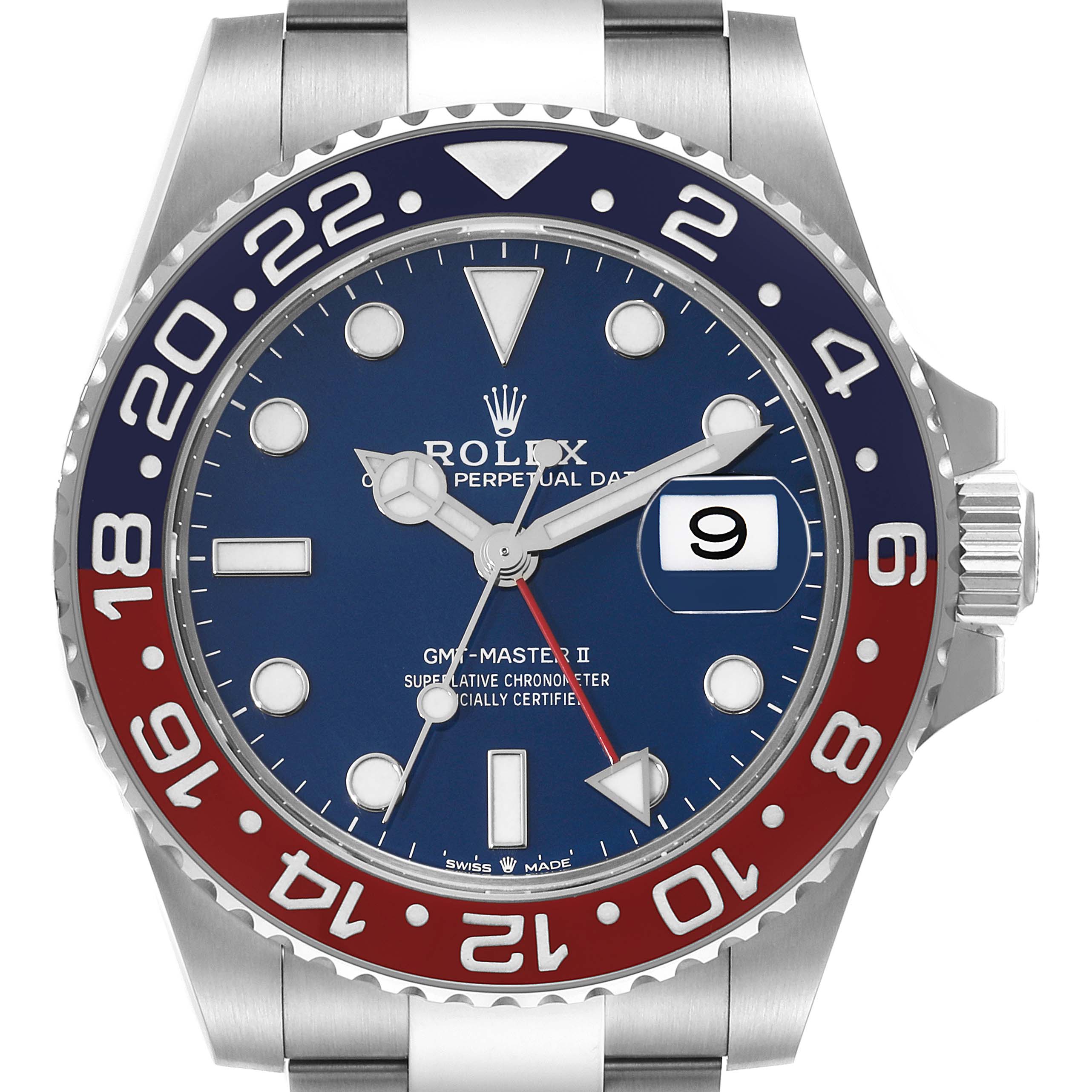 Rolex GMT Master II White Gold Pepsi Bezel Mens Watch 126719 Box Card