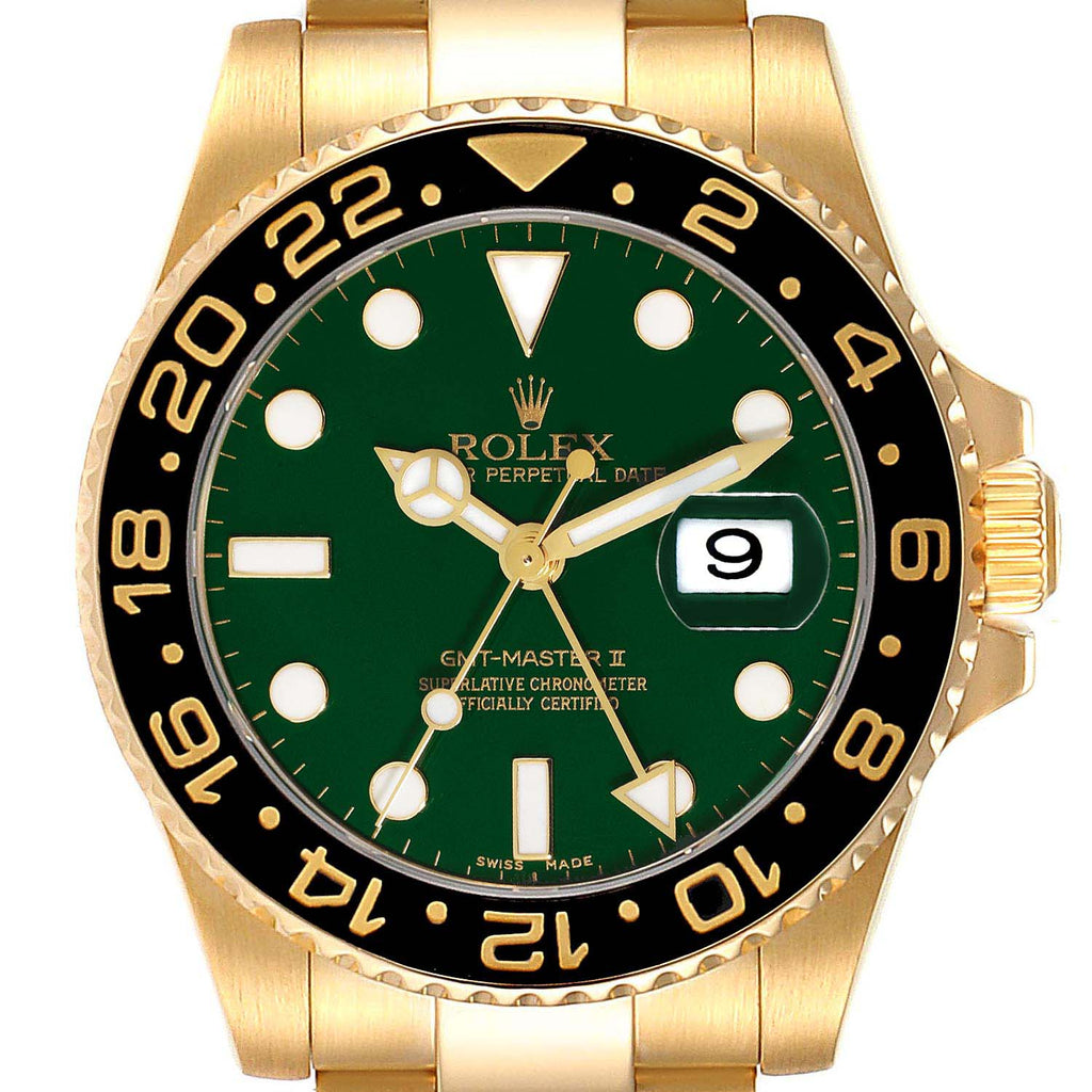 Rolex GMT Master II 18K Yellow Gold Green Dial Mens Watch 116718