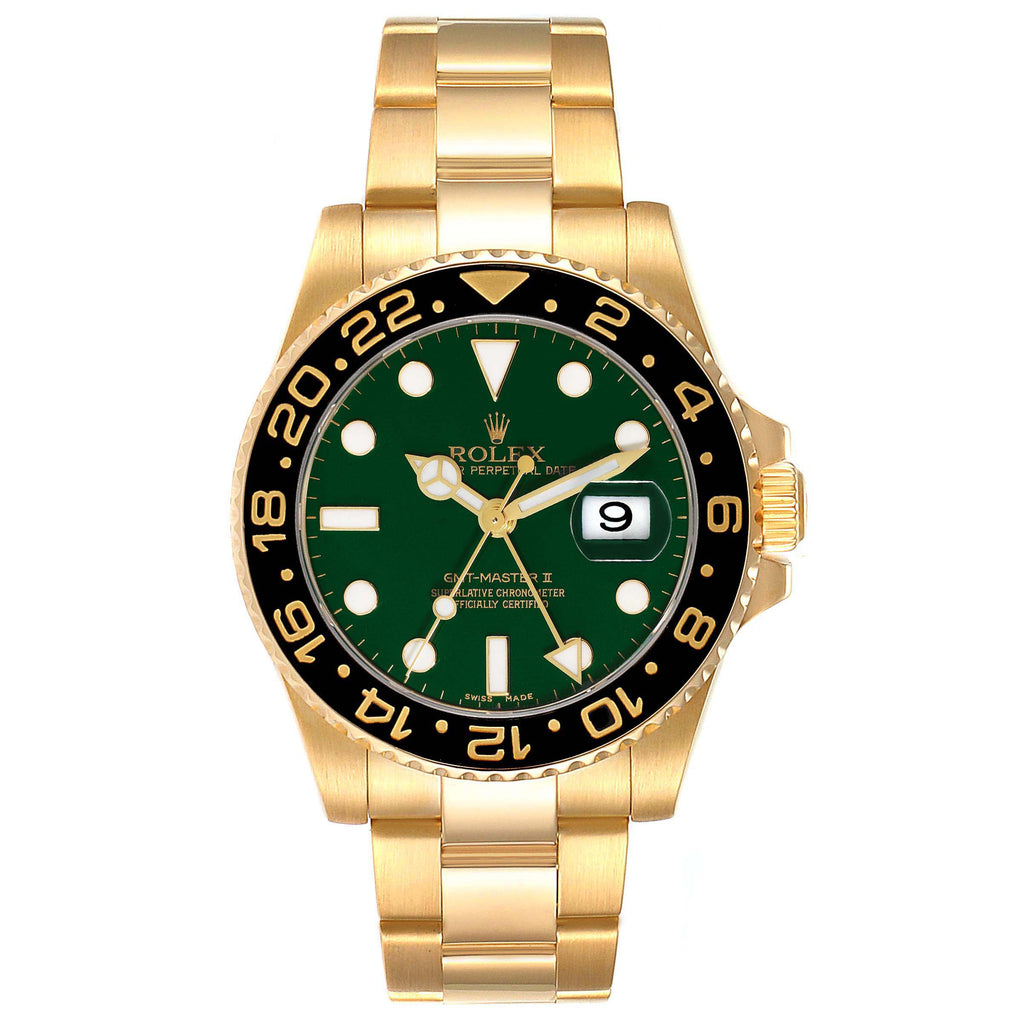 Rolex GMT Master II 18K Yellow Gold Green Dial Mens Watch 116718