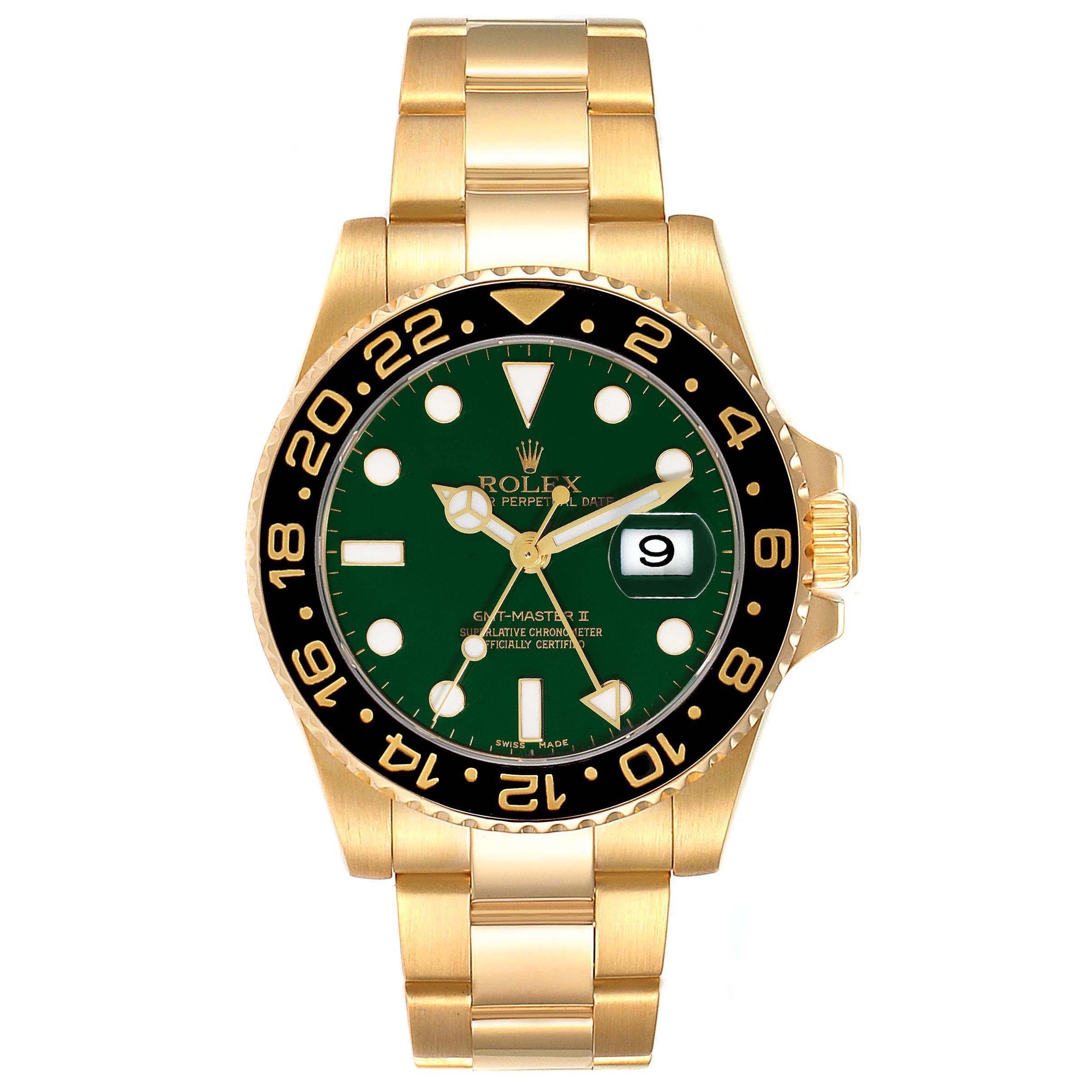 Rolex GMT Master II 18K Yellow Gold Green Dial Mens Watch 116718