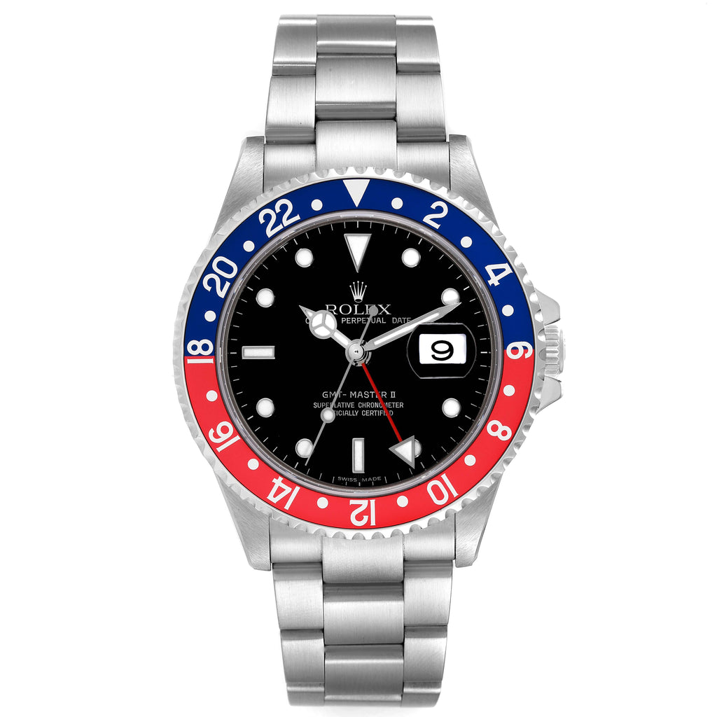 Rolex GMT Master II Blue Red Pepsi Bezel 'Box' Dial Steel Mens Watch 16710 Box Card