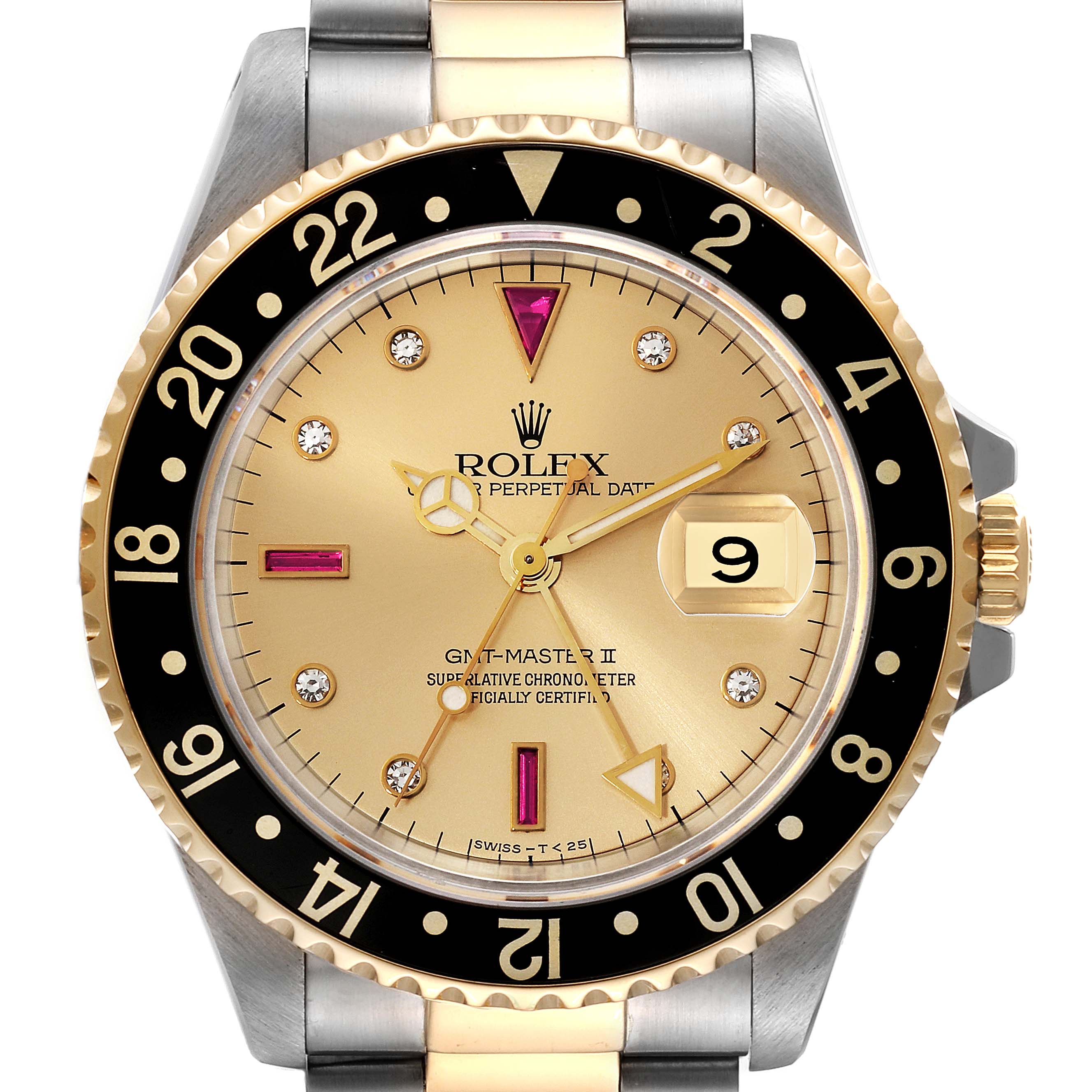 Rolex GMT Master II Diamond Ruby Serti Dial Steel Yellow Gold Mens Watch 16713 Box Papers