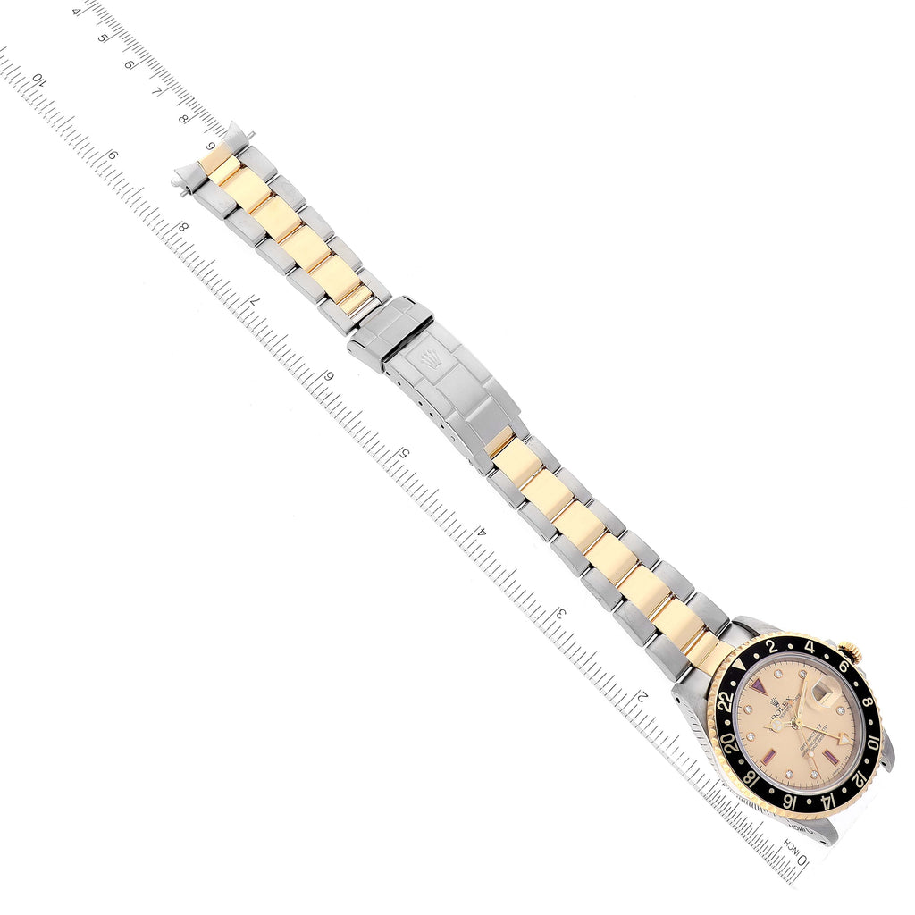 Rolex GMT Master II Diamond Ruby Serti Dial Steel Yellow Gold Mens Watch 16713 Box Papers