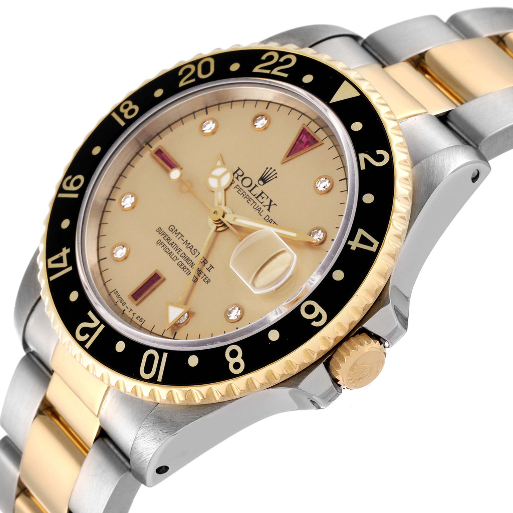 Rolex GMT Master II Diamond Ruby Serti Dial Steel Yellow Gold Mens Watch 16713 Box Papers