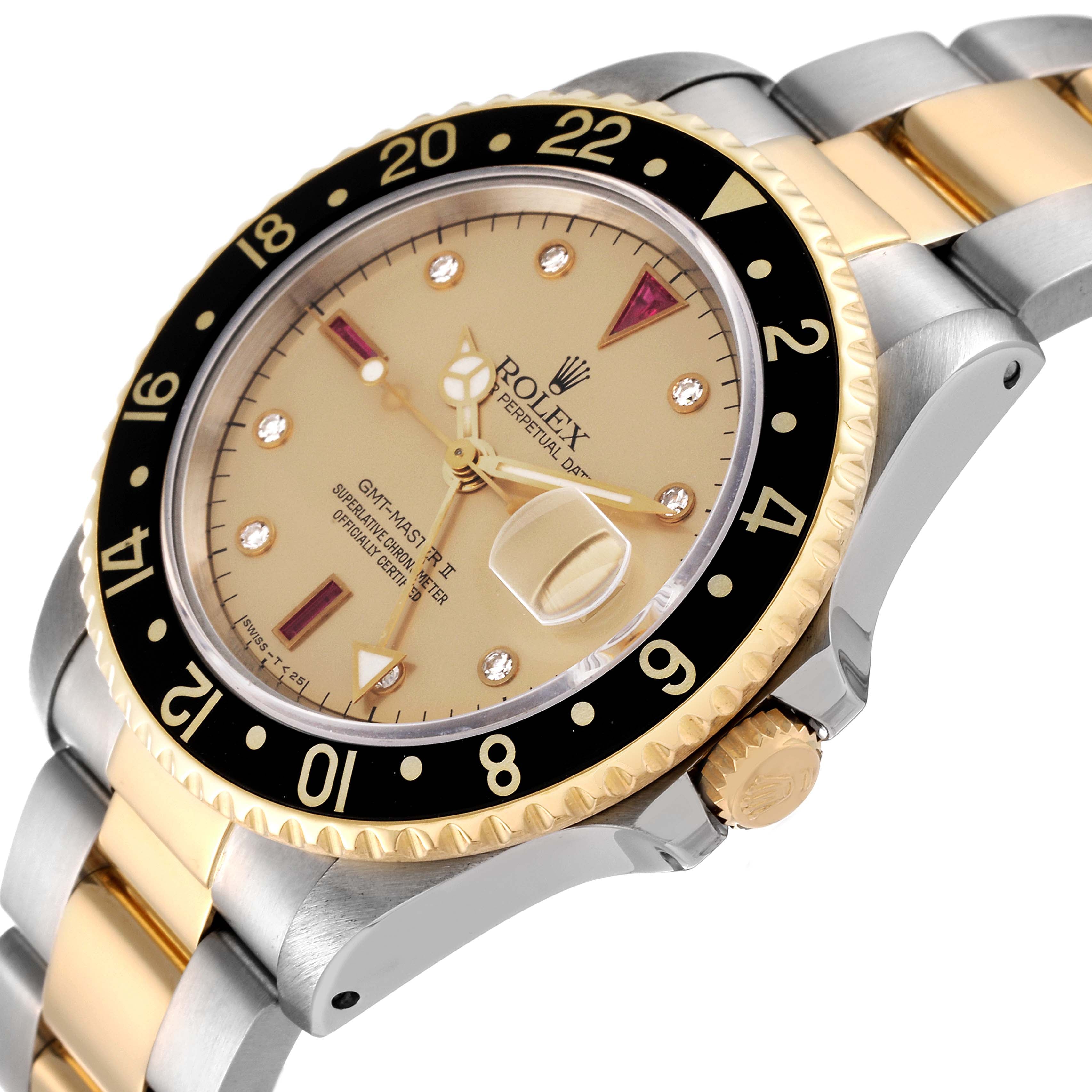Rolex GMT Master II Diamond Ruby Serti Dial Steel Yellow Gold Mens Watch 16713 Box Papers