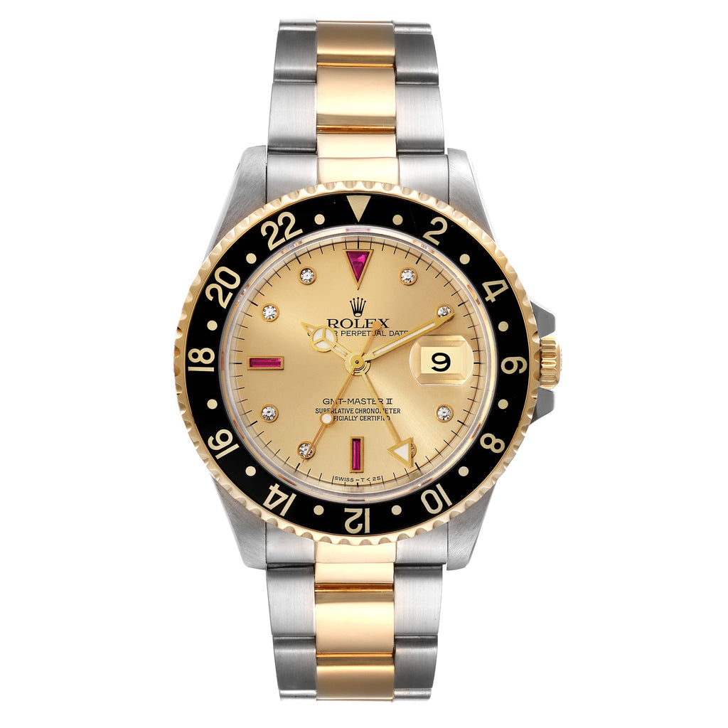 Rolex GMT Master II Diamond Ruby Serti Dial Steel Yellow Gold Mens Watch 16713 Box Papers