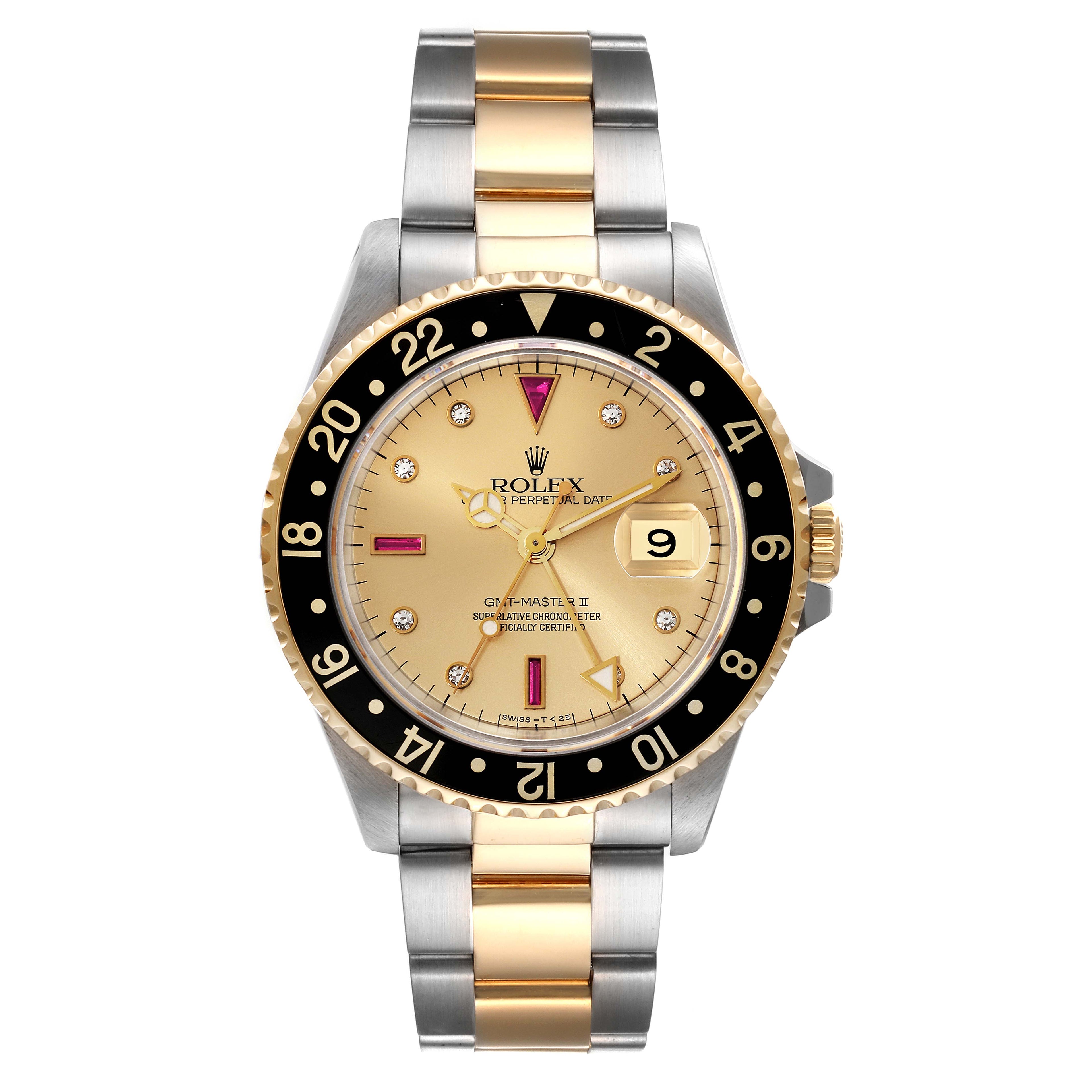 Rolex GMT Master II Diamond Ruby Serti Dial Steel Yellow Gold Mens Watch 16713 Box Papers