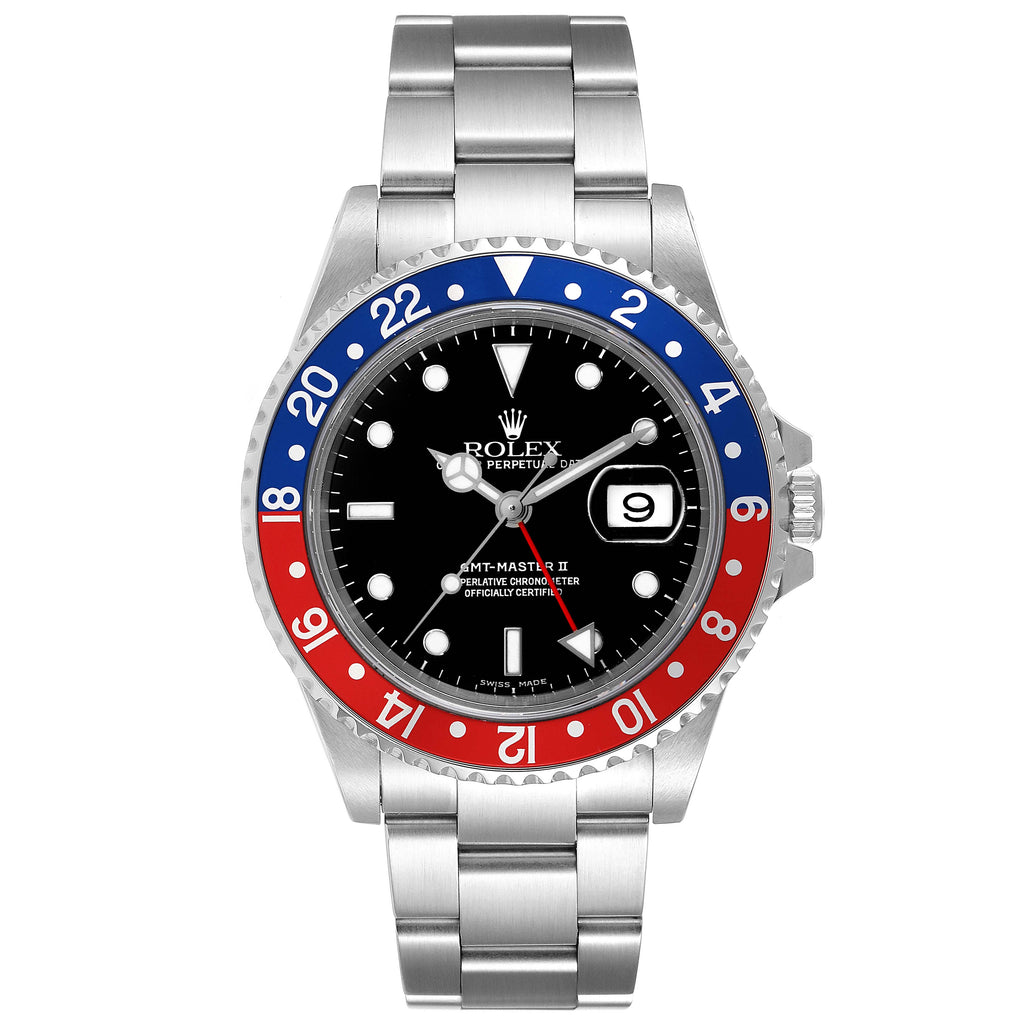 Rolex GMT Master II Pepsi Red and Blue Bezel Steel Mens Watch 16710 Box Papers