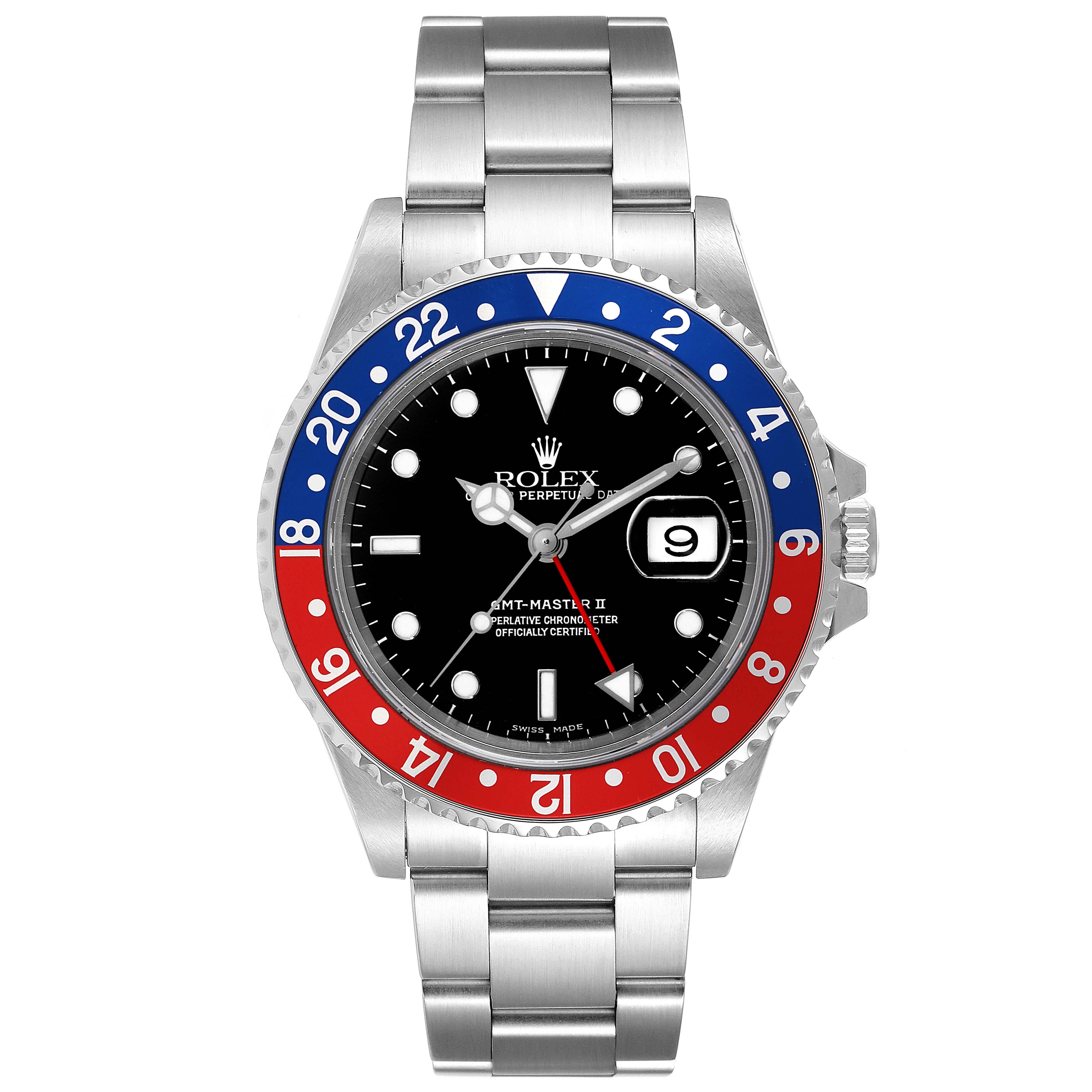 Rolex GMT Master II Pepsi Red and Blue Bezel Steel Mens Watch 16710 Box Papers