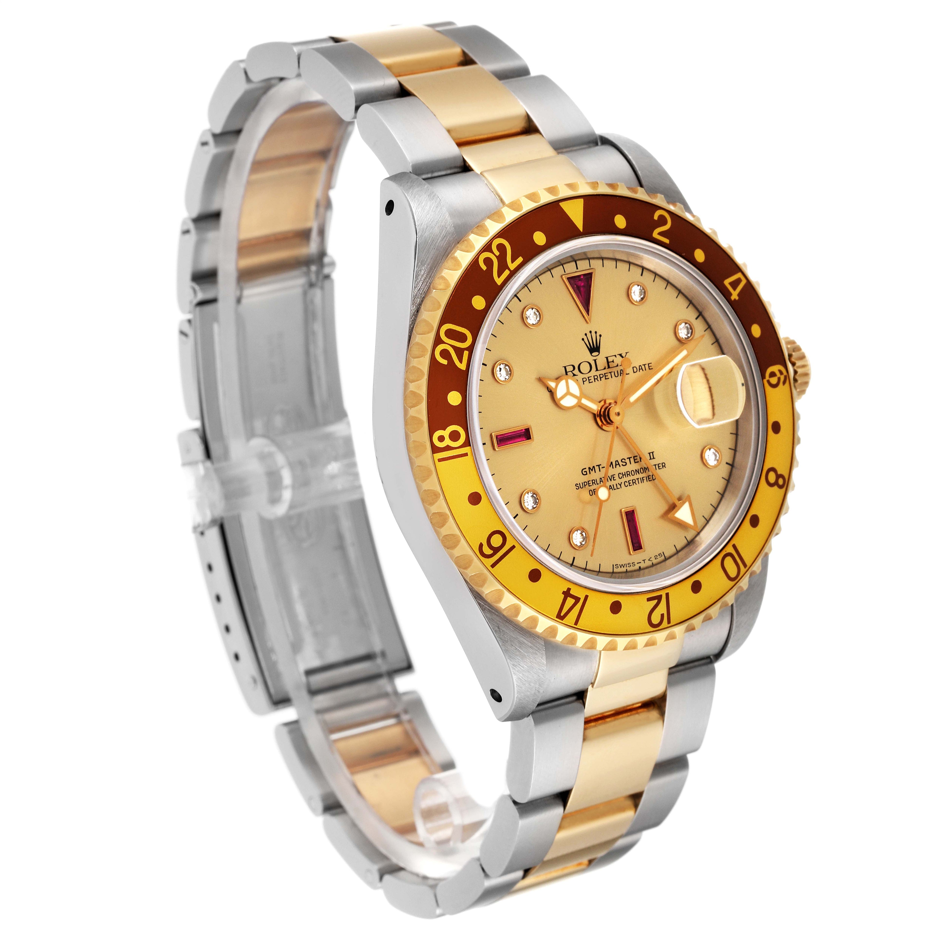 Rolex GMT Master II Root Beer Diamond Ruby Serti Dial Steel Yellow Gold Mens Watch 16713