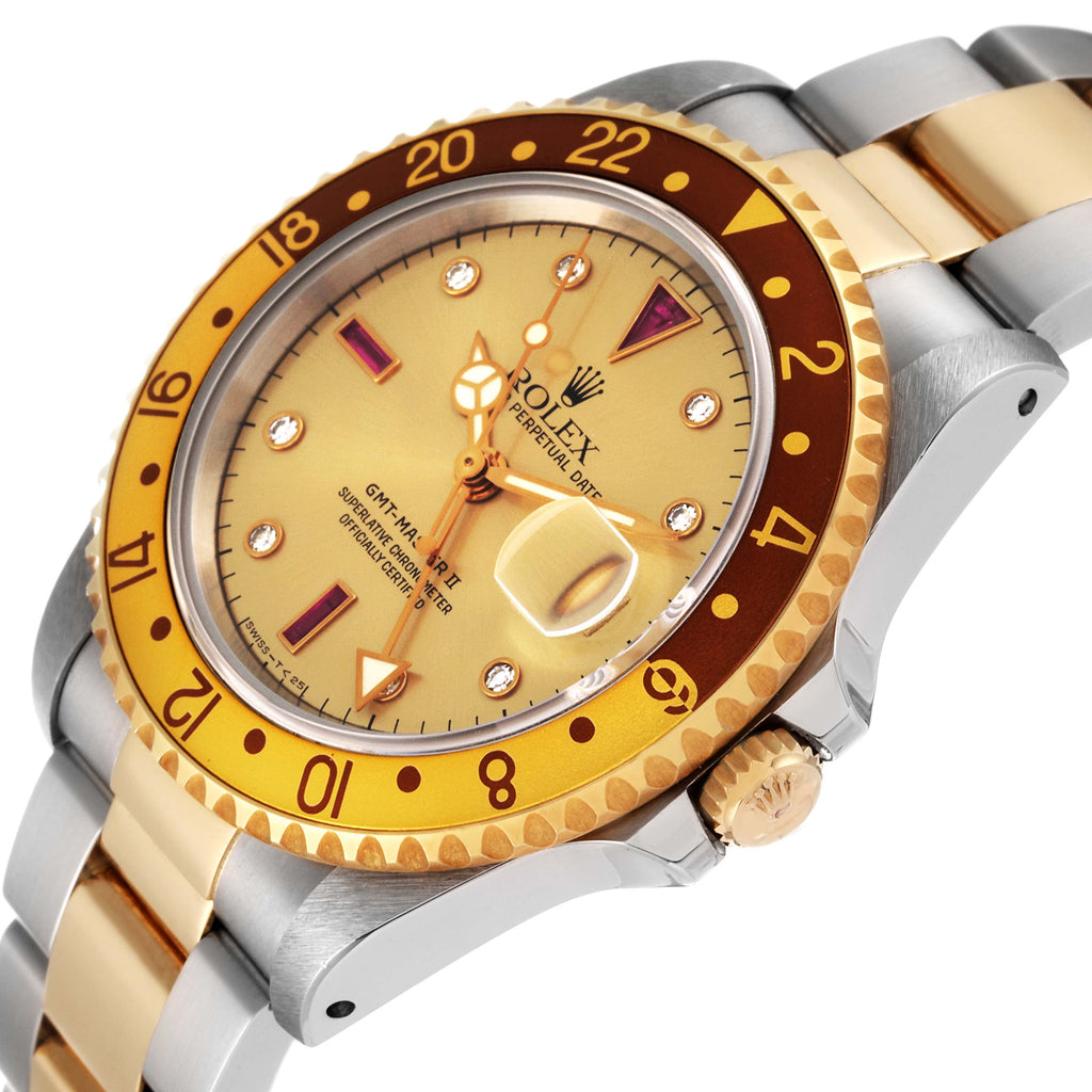 Rolex GMT Master II Root Beer Diamond Ruby Serti Dial Steel Yellow Gold Mens Watch 16713