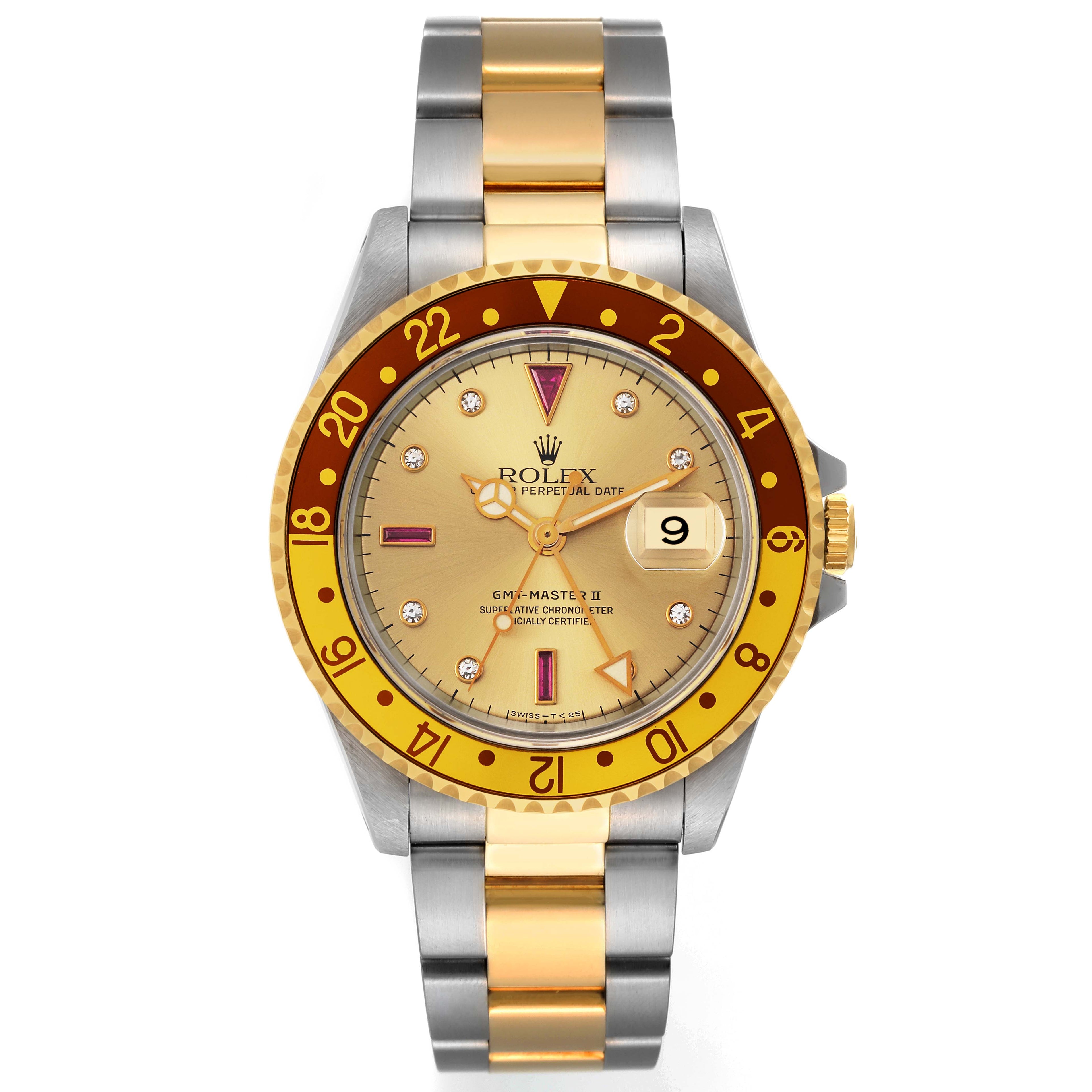 Rolex GMT Master II Root Beer Diamond Ruby Serti Dial Steel Yellow Gold Mens Watch 16713