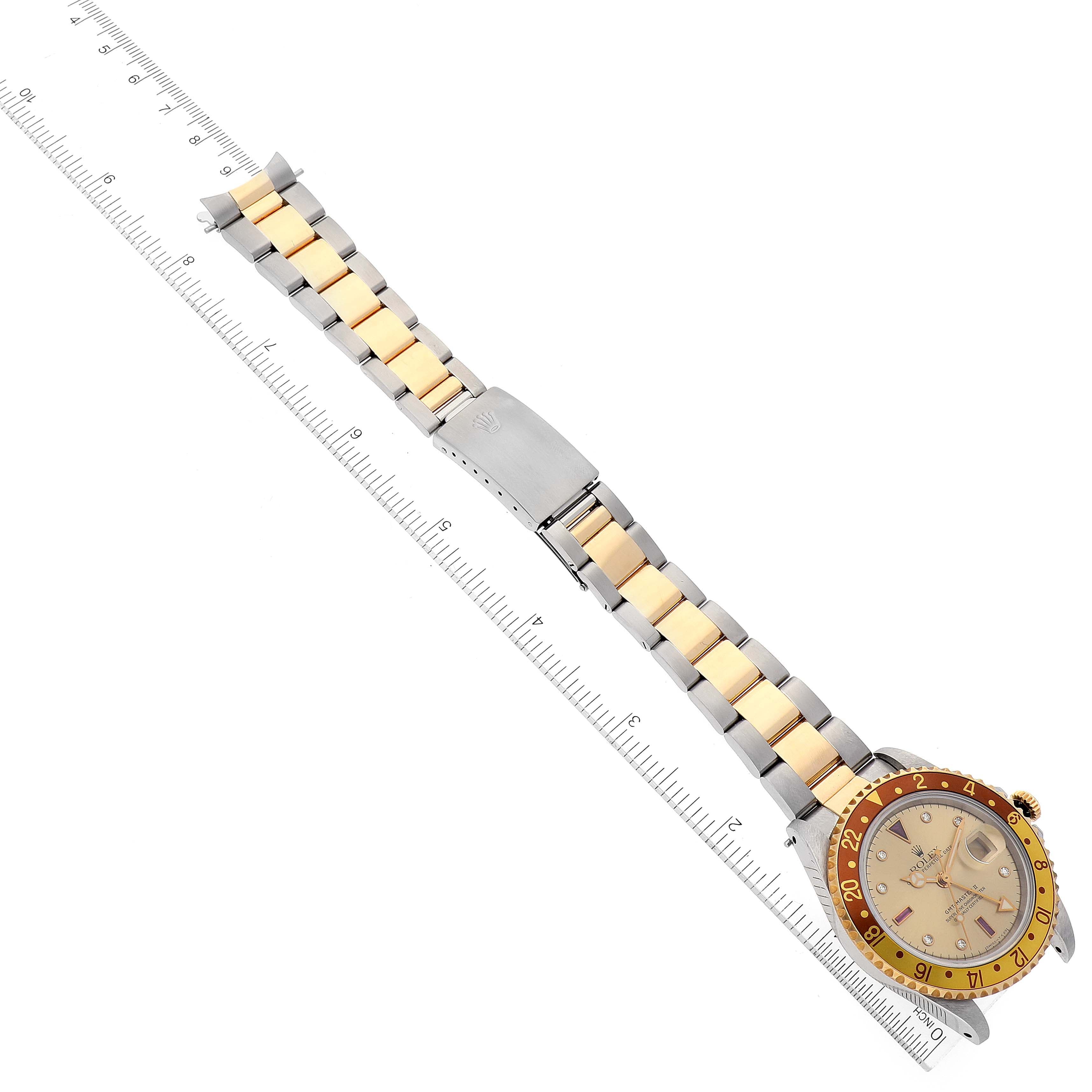 Rolex GMT Master II Root Beer Diamond Ruby Serti Dial Steel Yellow Gold Mens Watch 16713