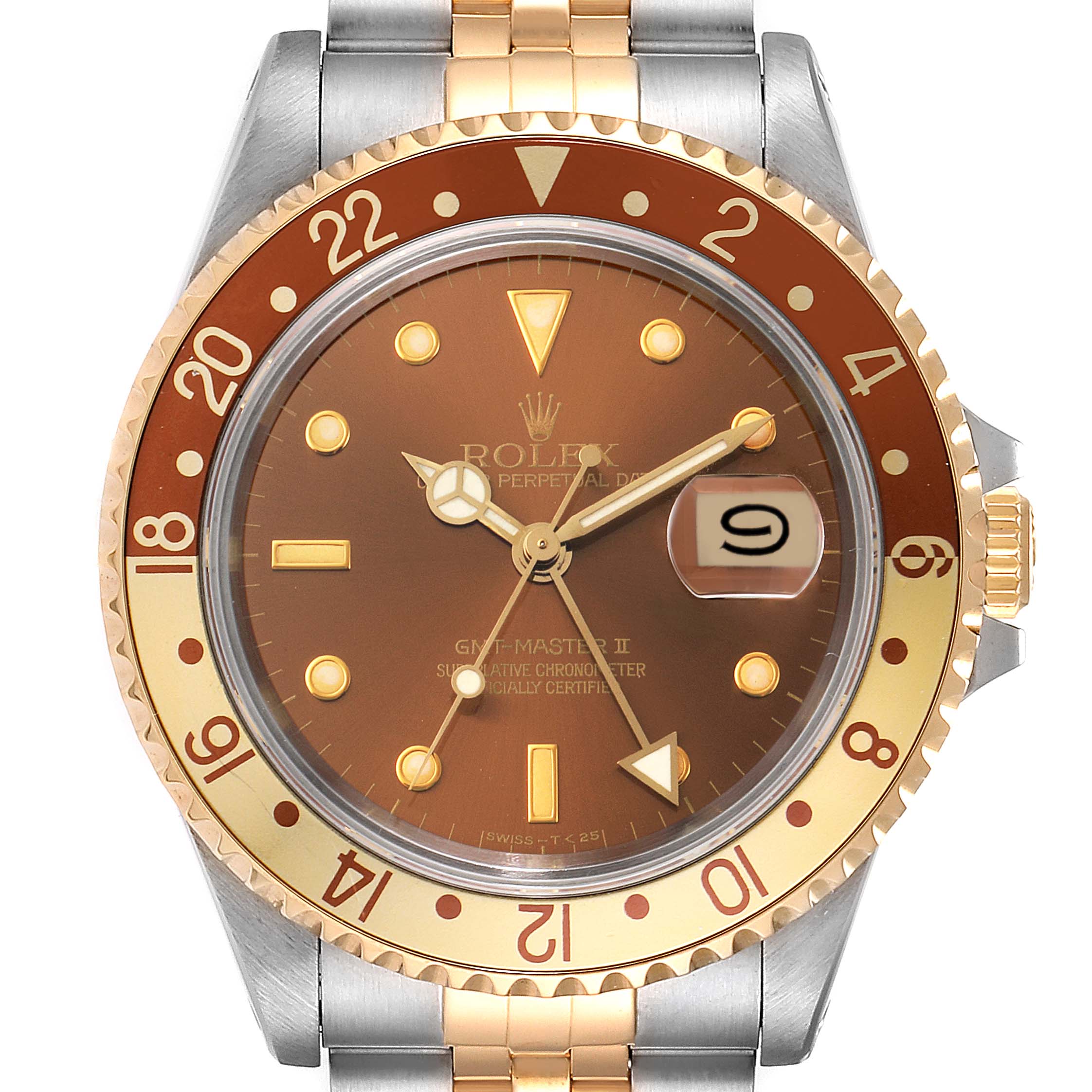 Rolex GMT Master II Rootbeer Yellow Gold Steel Mens Watch 16713