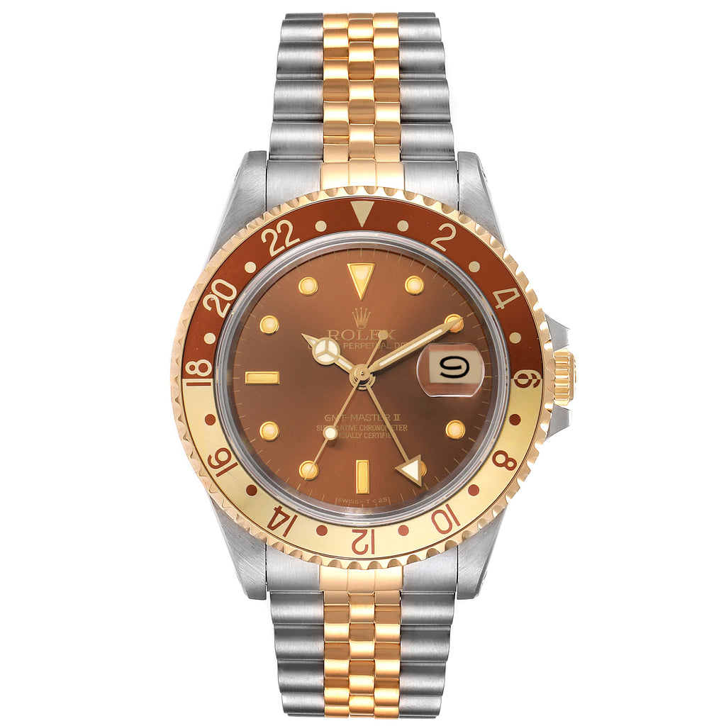 Rolex GMT Master II Rootbeer Yellow Gold Steel Mens Watch 16713