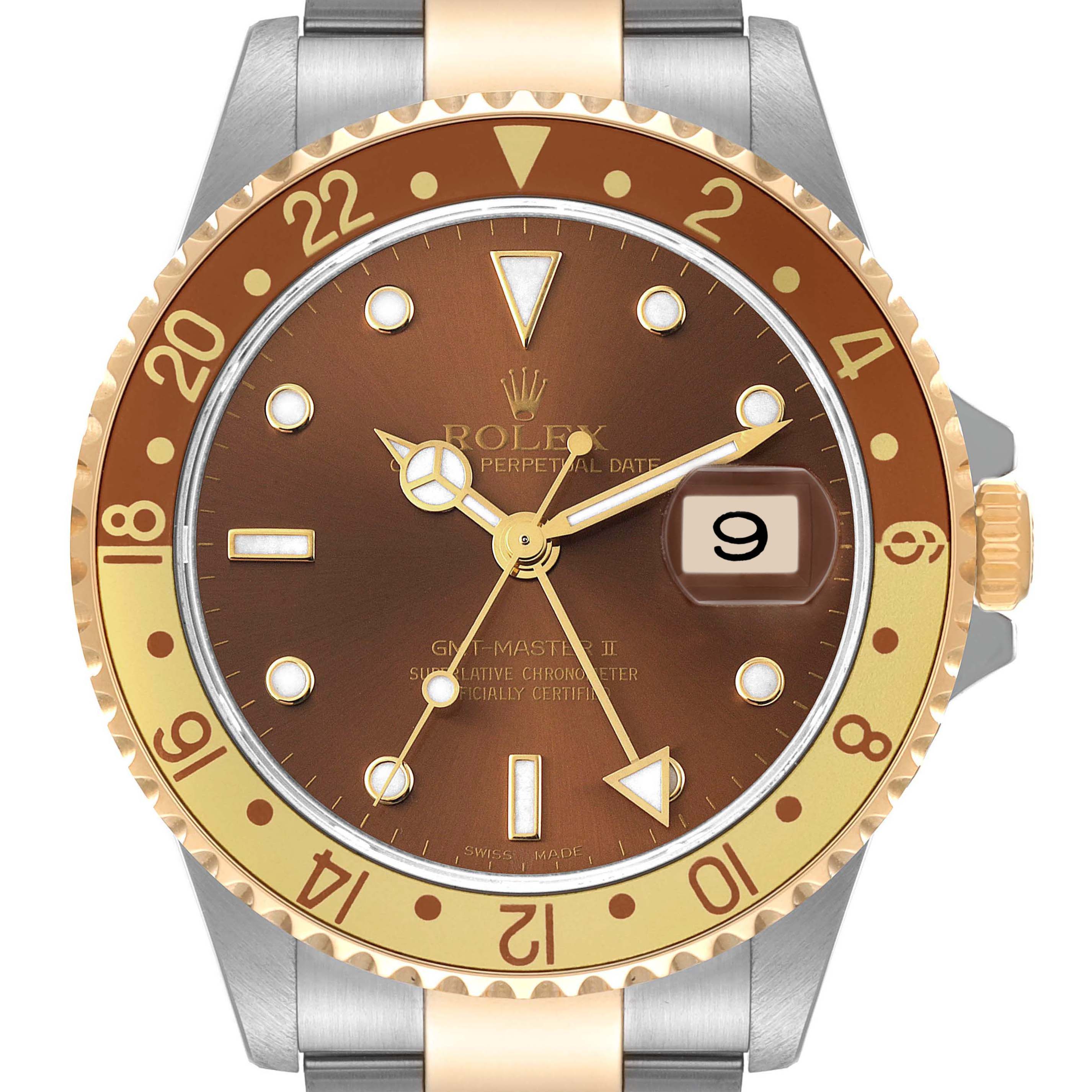 Rolex GMT Master II Rootbeer Yellow Gold Steel Mens Watch 16713 Box Papers