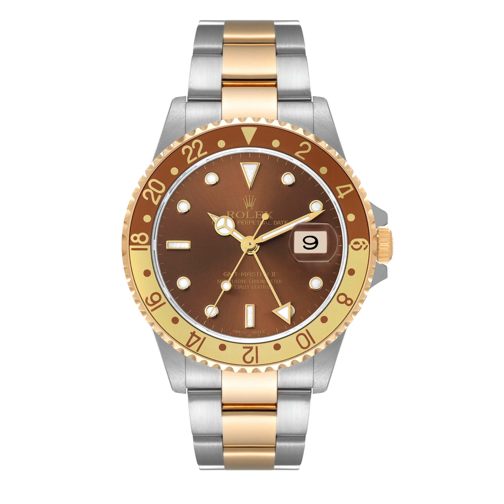Rolex GMT Master II Rootbeer Yellow Gold Steel Mens Watch 16713 Box Papers