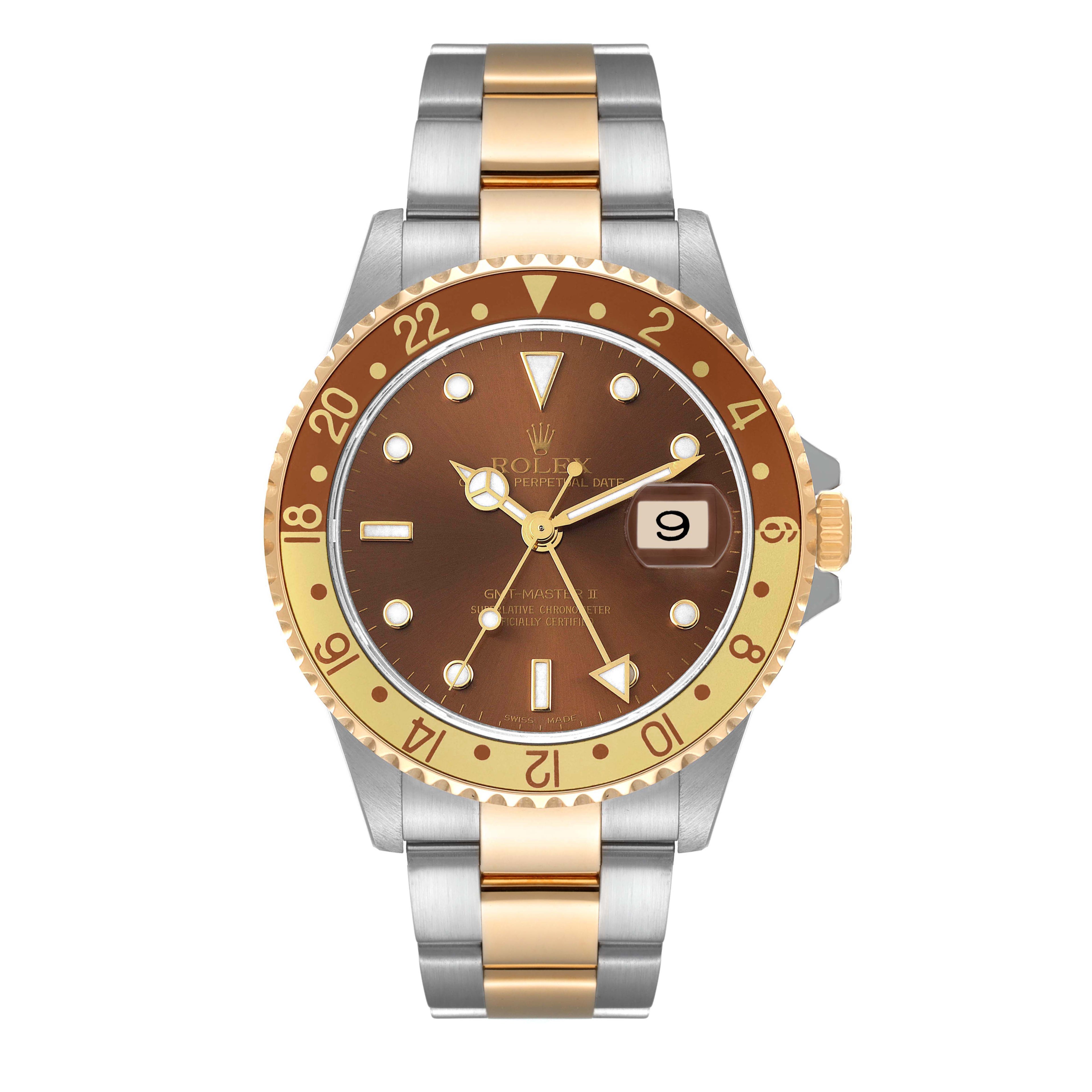 Rolex GMT Master II Rootbeer Yellow Gold Steel Mens Watch 16713 Box Papers