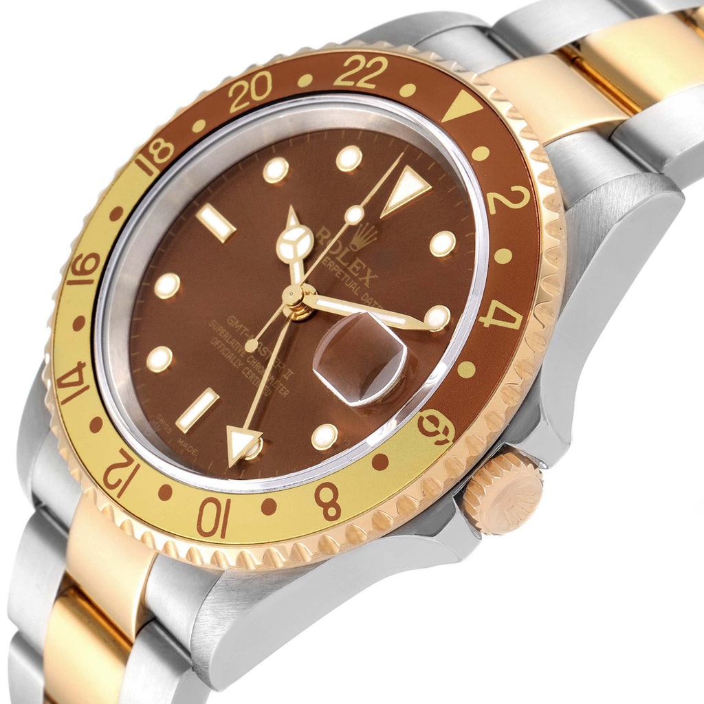 Rolex GMT Master II Rootbeer Yellow Gold Steel Mens Watch 16713 Box Papers