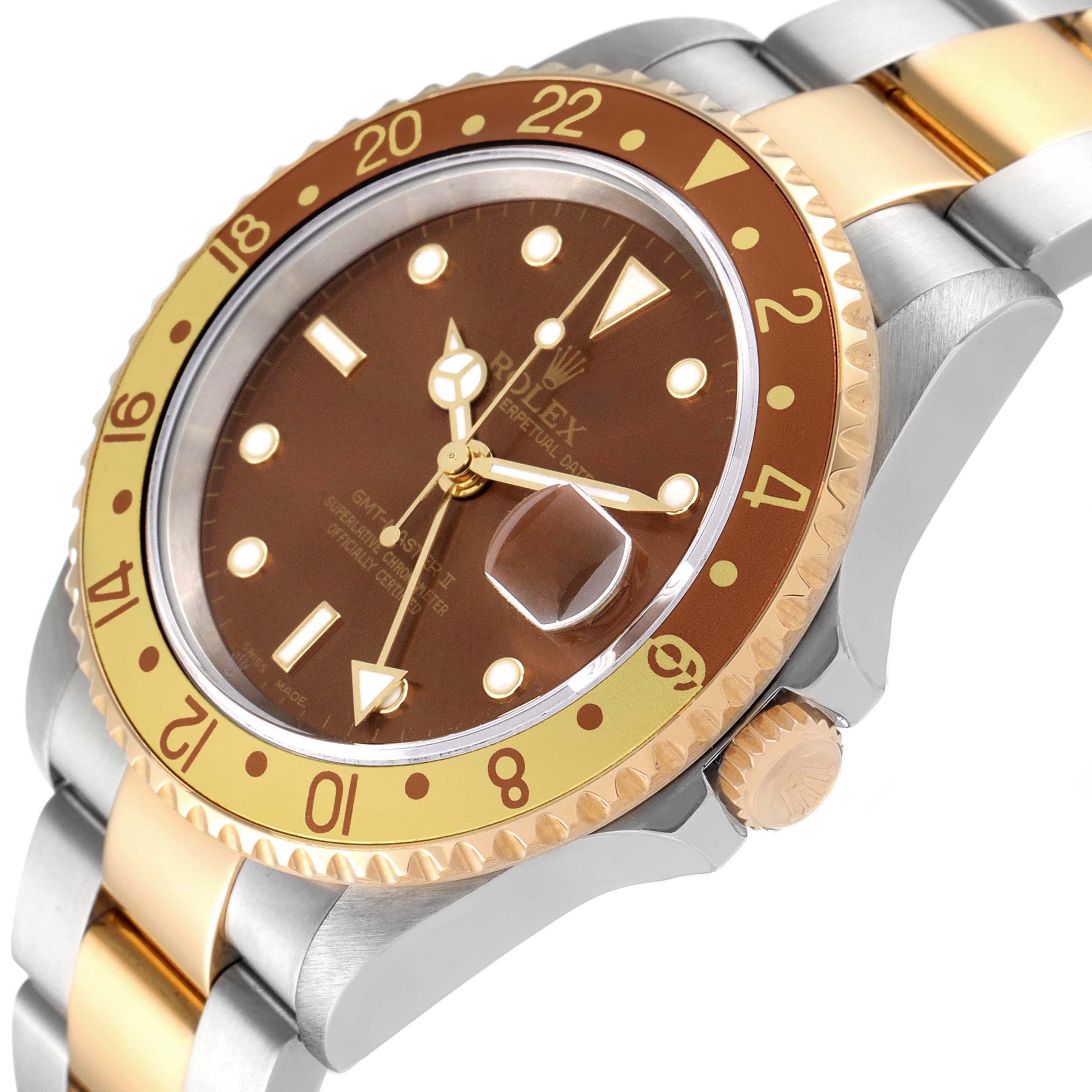 Rolex GMT Master II Rootbeer Yellow Gold Steel Mens Watch 16713 Box Papers