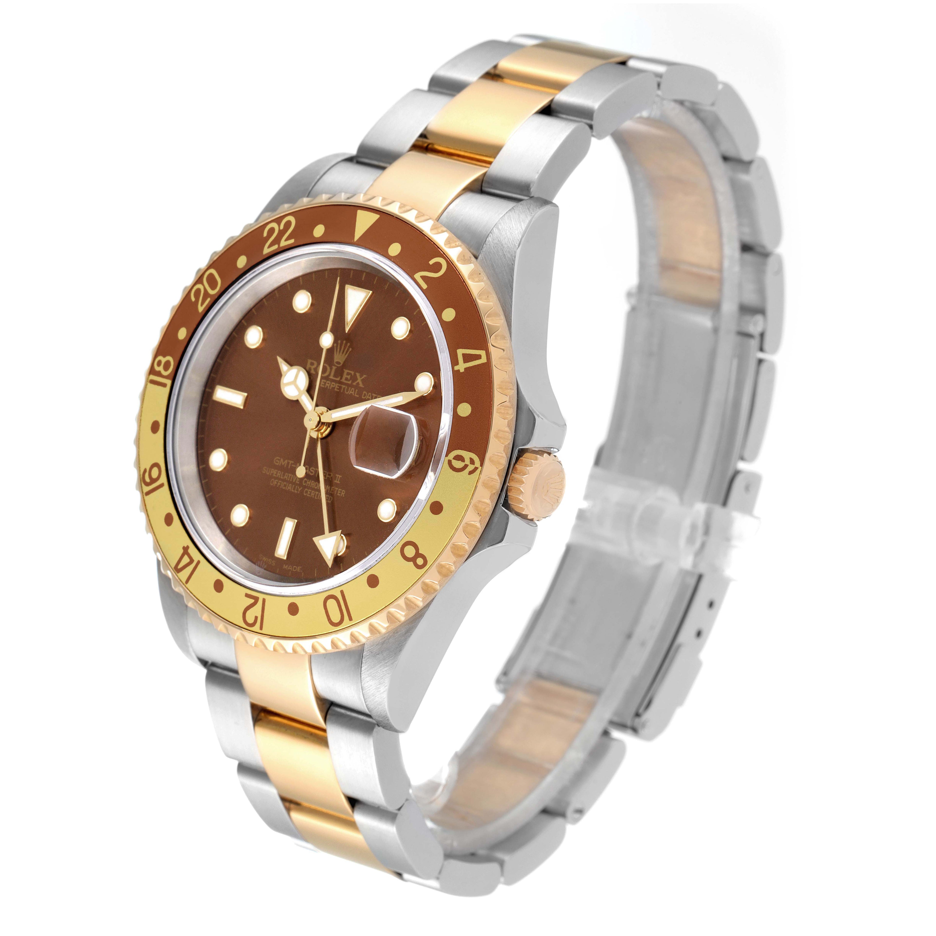 Rolex GMT Master II Rootbeer Yellow Gold Steel Mens Watch 16713 Box Papers