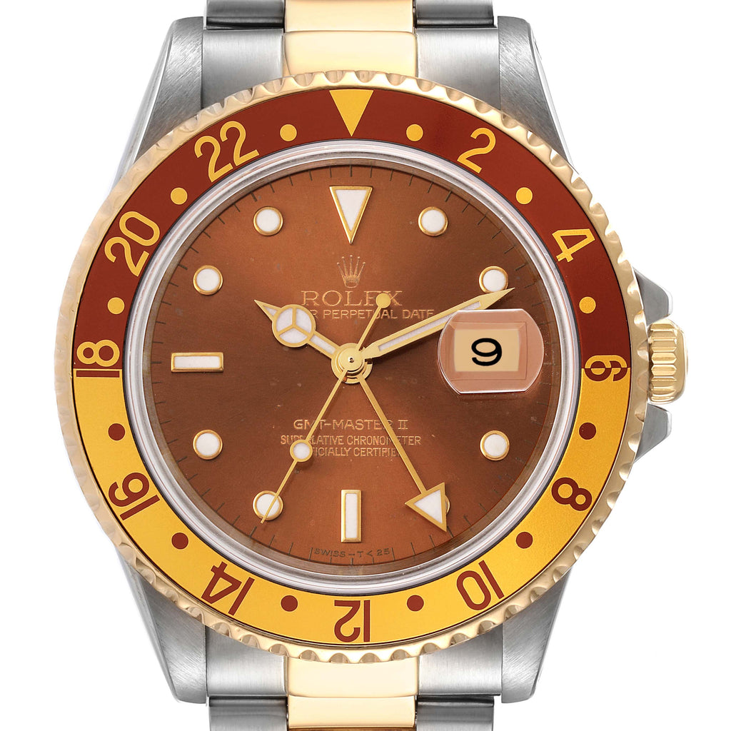 Rolex GMT Master II Rootbeer Yellow Gold Steel Watch 16713 Box Papers
