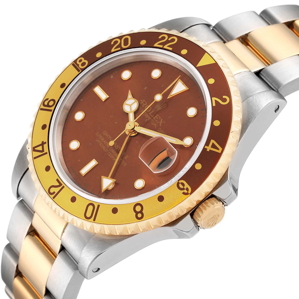Rolex GMT Master II Rootbeer Yellow Gold Steel Watch 16713 Box Papers