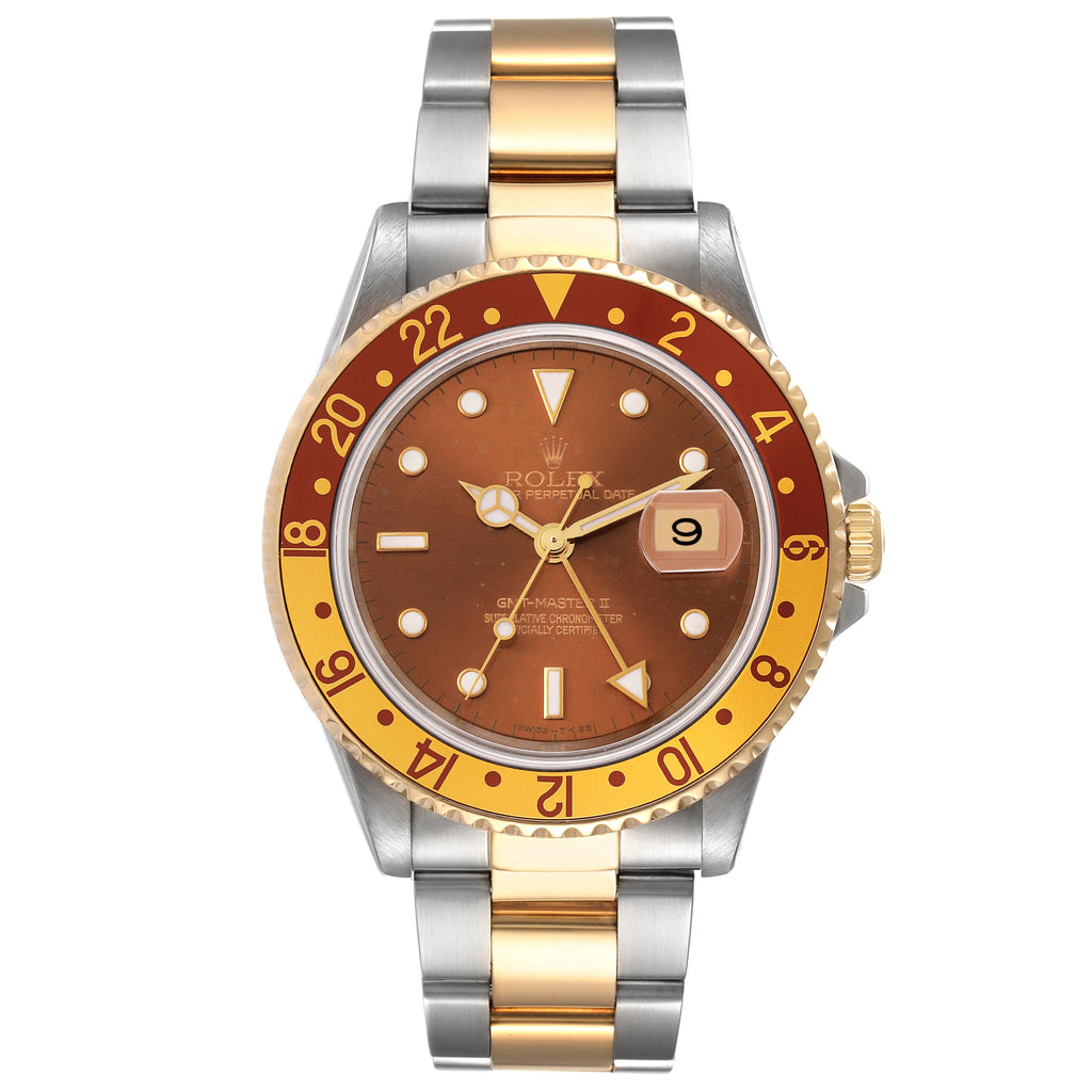Rolex GMT Master II Rootbeer Yellow Gold Steel Watch 16713 Box Papers