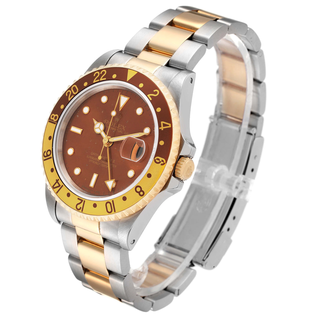 Rolex GMT Master II Rootbeer Yellow Gold Steel Watch 16713 Box Papers