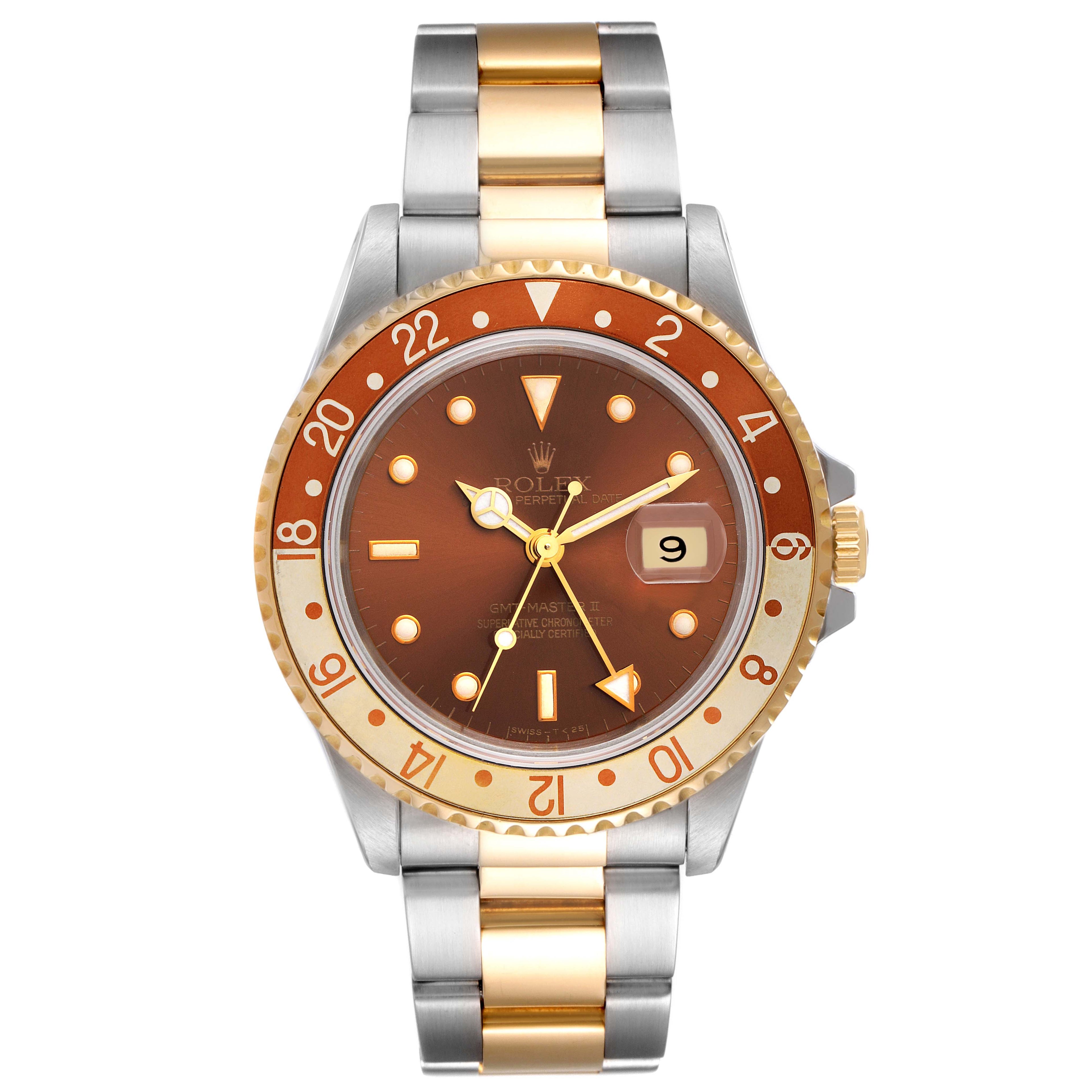 Rolex GMT Master II Rootbeer Yellow Gold Steel Watch 16713 Box Service Card