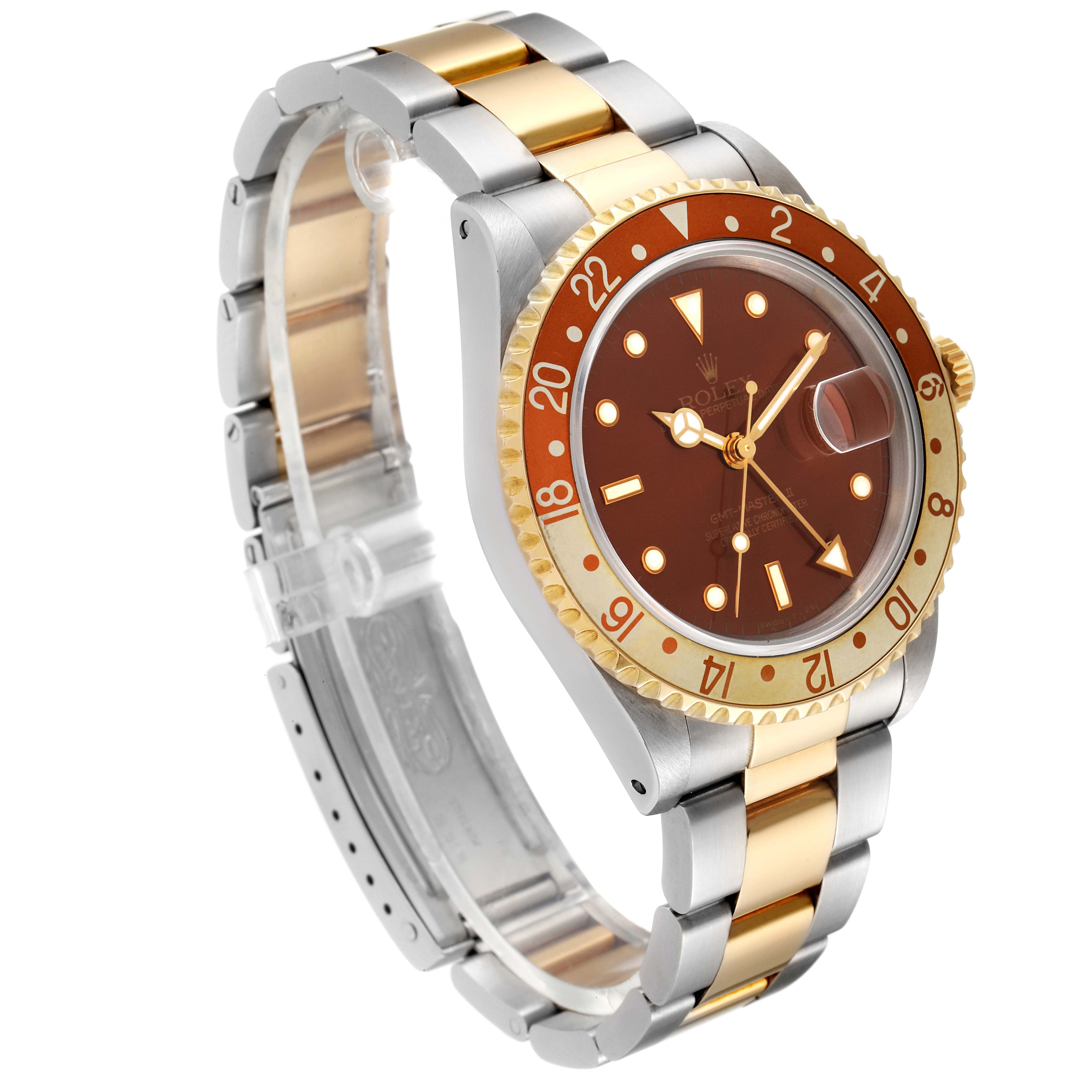 Rolex GMT Master II Rootbeer Yellow Gold Steel Watch 16713 Box Service Card