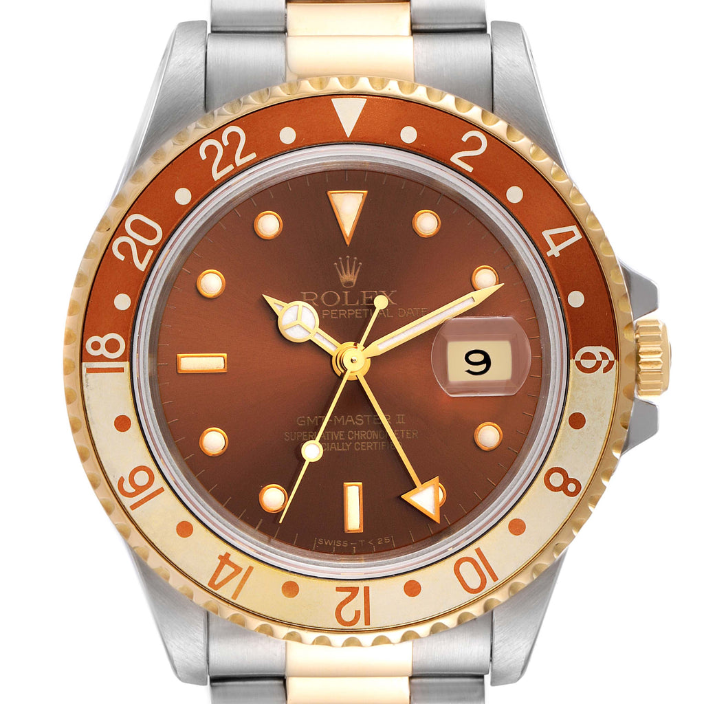 Rolex GMT Master II Rootbeer Yellow Gold Steel Watch 16713 Box Service Card