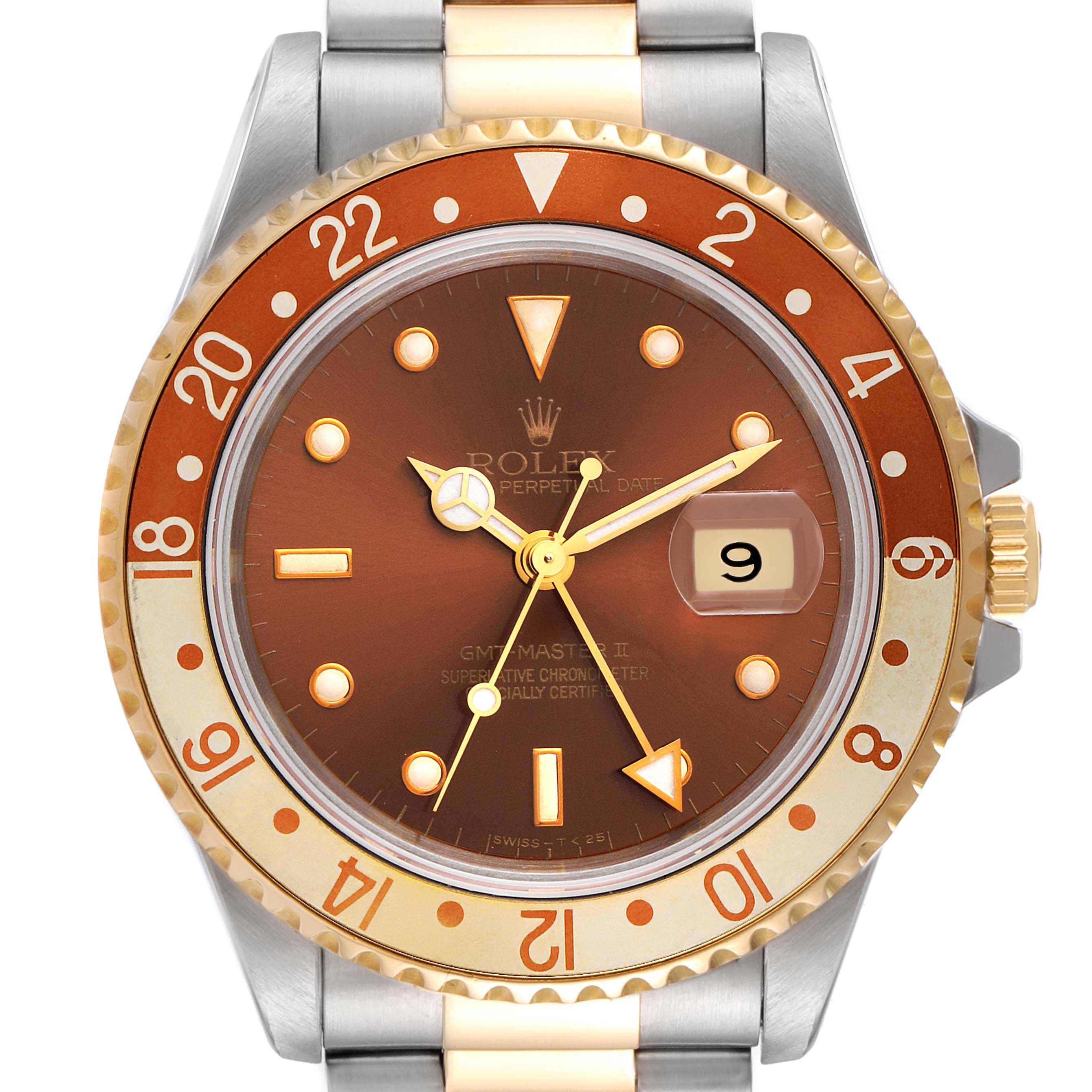 Rolex GMT Master II Rootbeer Yellow Gold Steel Watch 16713 Box Service Card