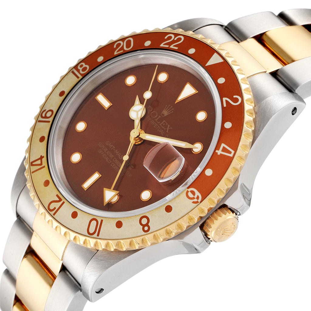 Rolex GMT Master II Rootbeer Yellow Gold Steel Watch 16713 Box Service Card