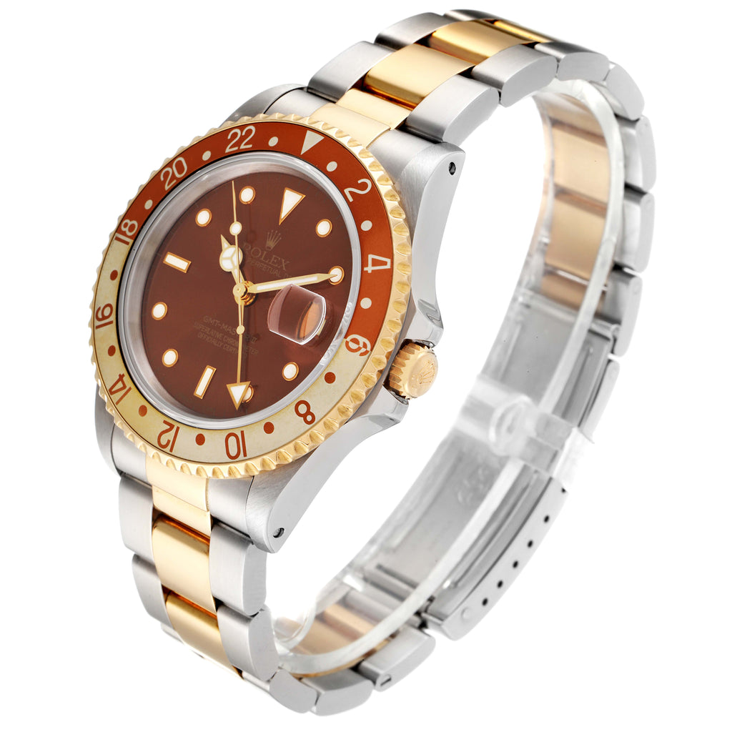 Rolex GMT Master II Rootbeer Yellow Gold Steel Watch 16713 Box Service Card