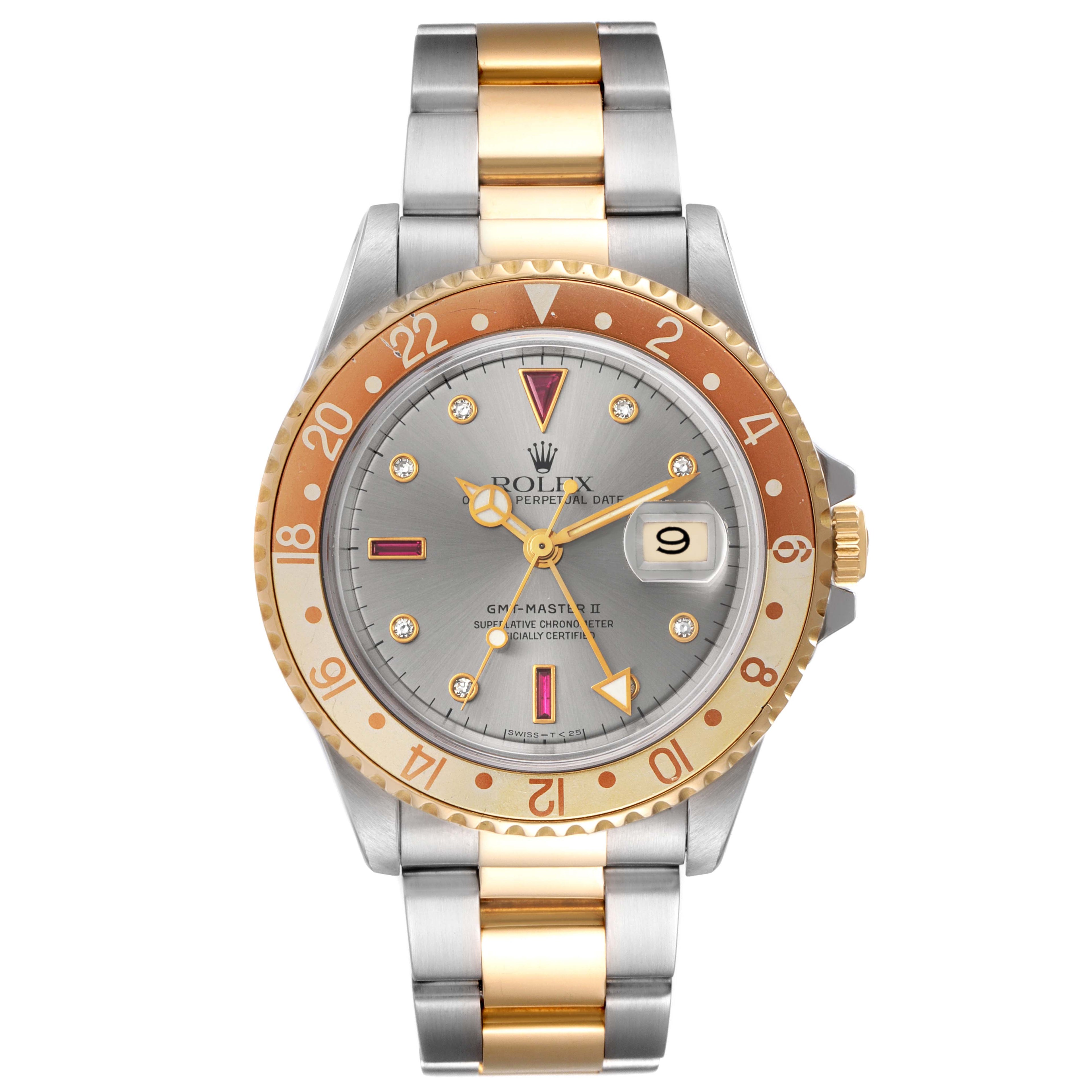 Rolex GMT Master II Steel Yellow Gold Rootbeer Serti Dial Mens Watch 16713