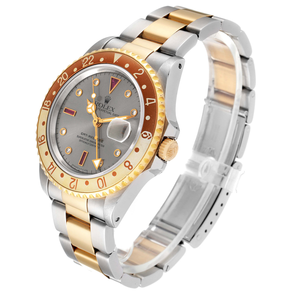 Rolex GMT Master II Steel Yellow Gold Rootbeer Serti Dial Mens Watch 16713