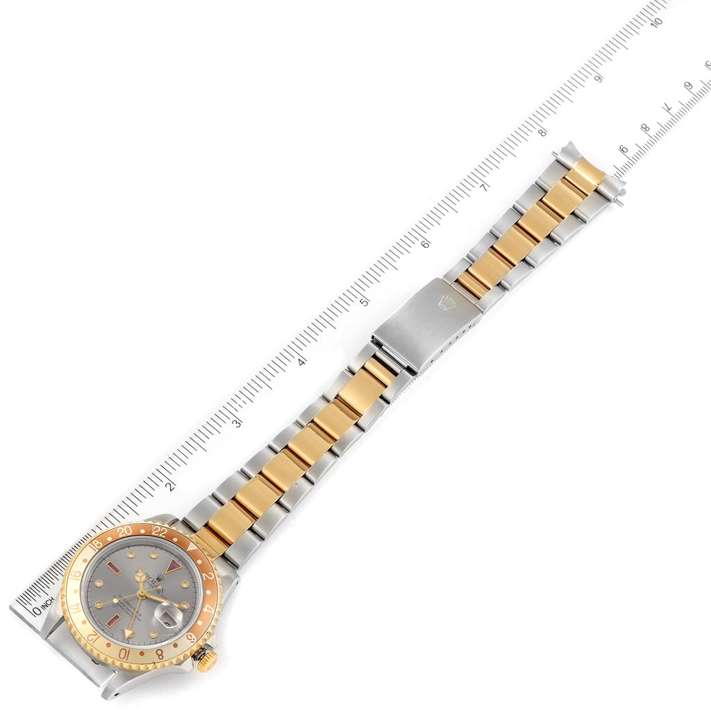 Rolex GMT Master II Steel Yellow Gold Rootbeer Serti Dial Mens Watch 16713