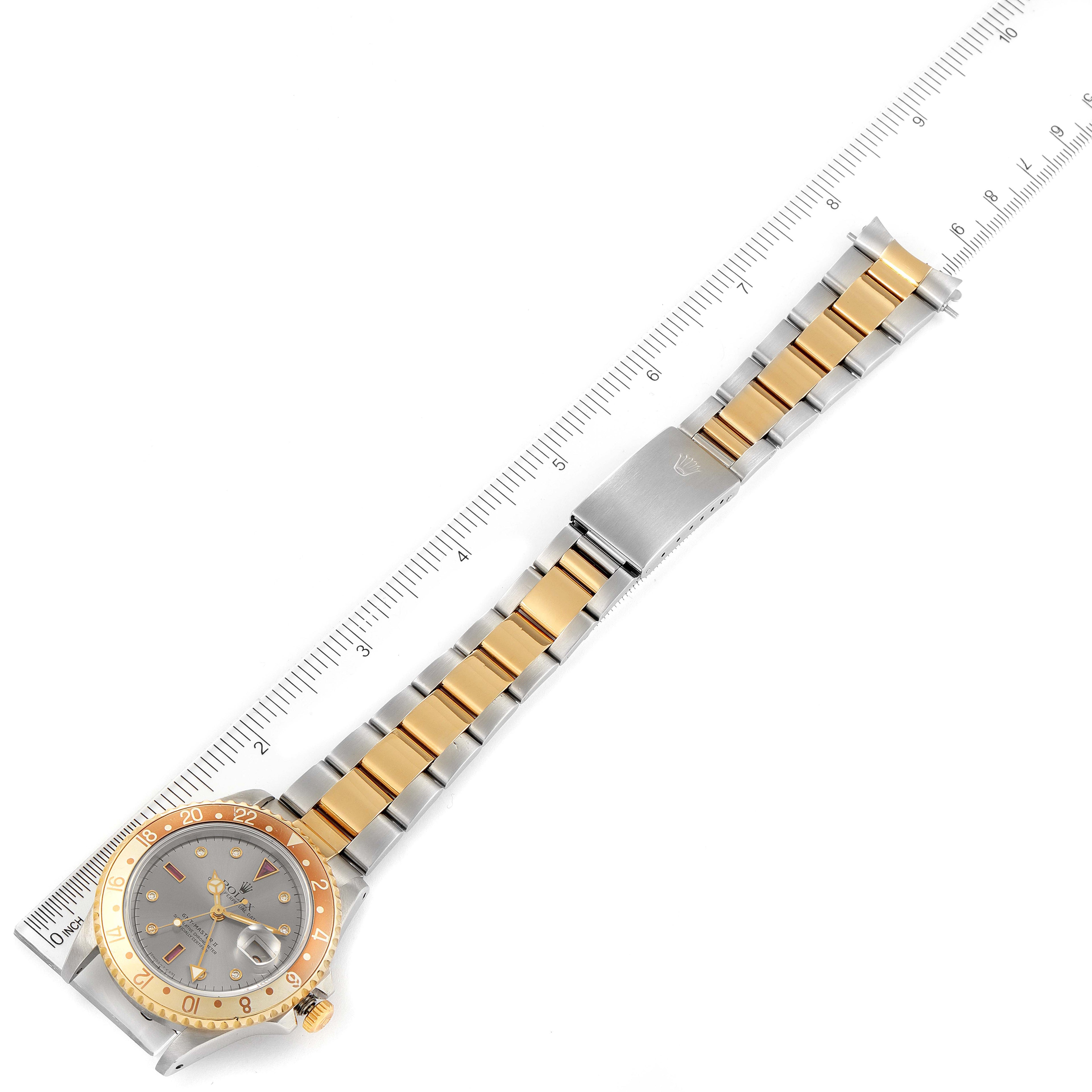 Rolex GMT Master II Steel Yellow Gold Rootbeer Serti Dial Mens Watch 16713