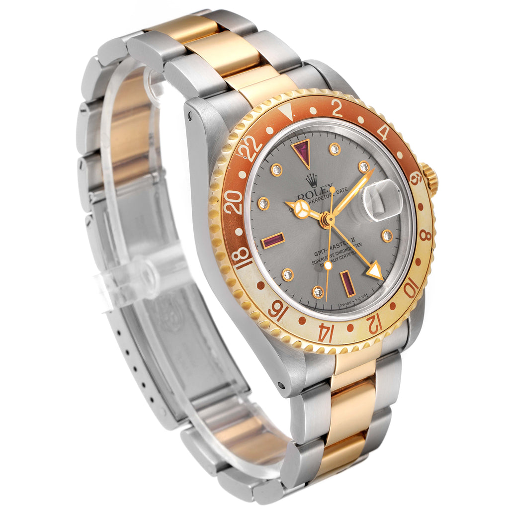 Rolex GMT Master II Steel Yellow Gold Rootbeer Serti Dial Mens Watch 16713