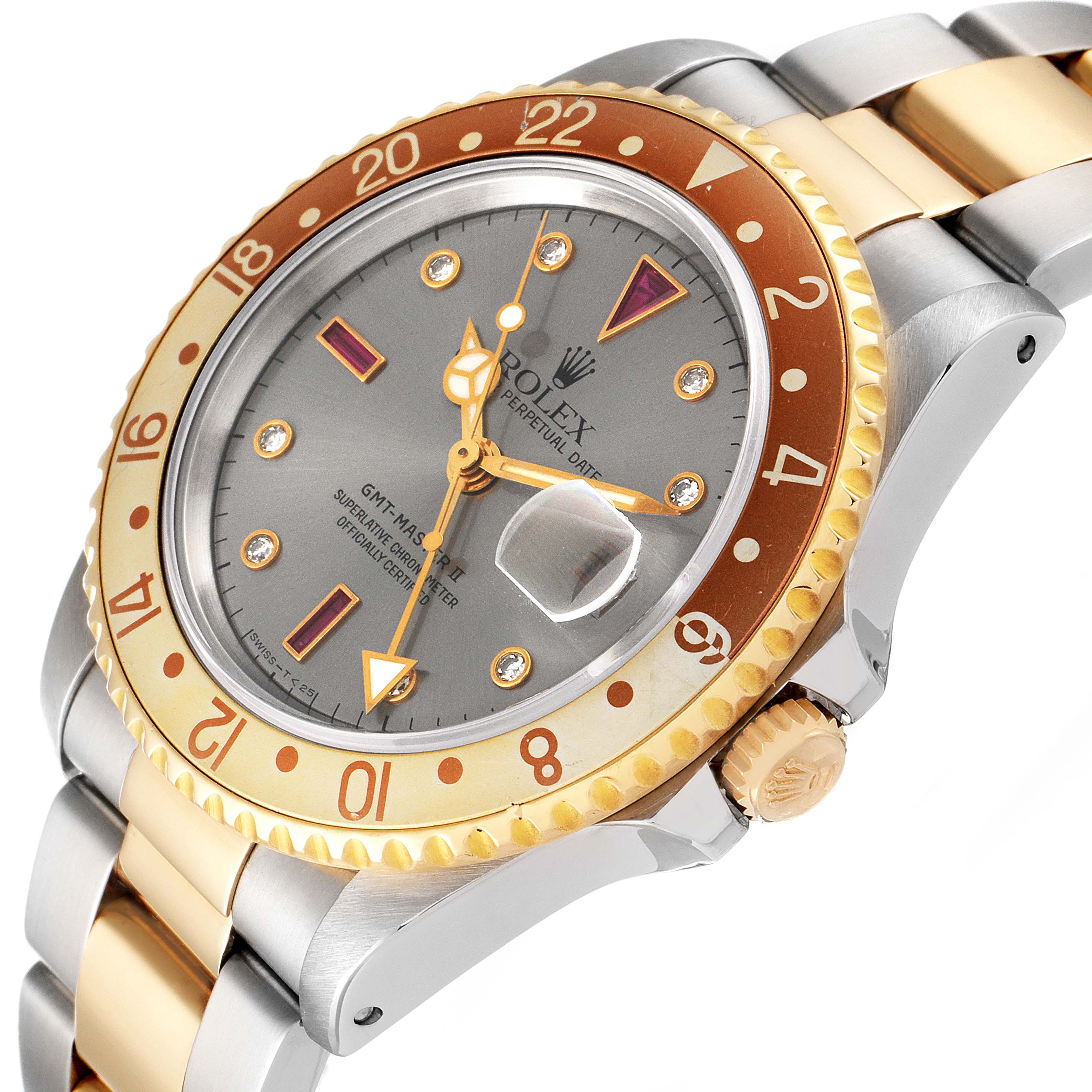 Rolex GMT Master II Steel Yellow Gold Rootbeer Serti Dial Mens Watch 16713