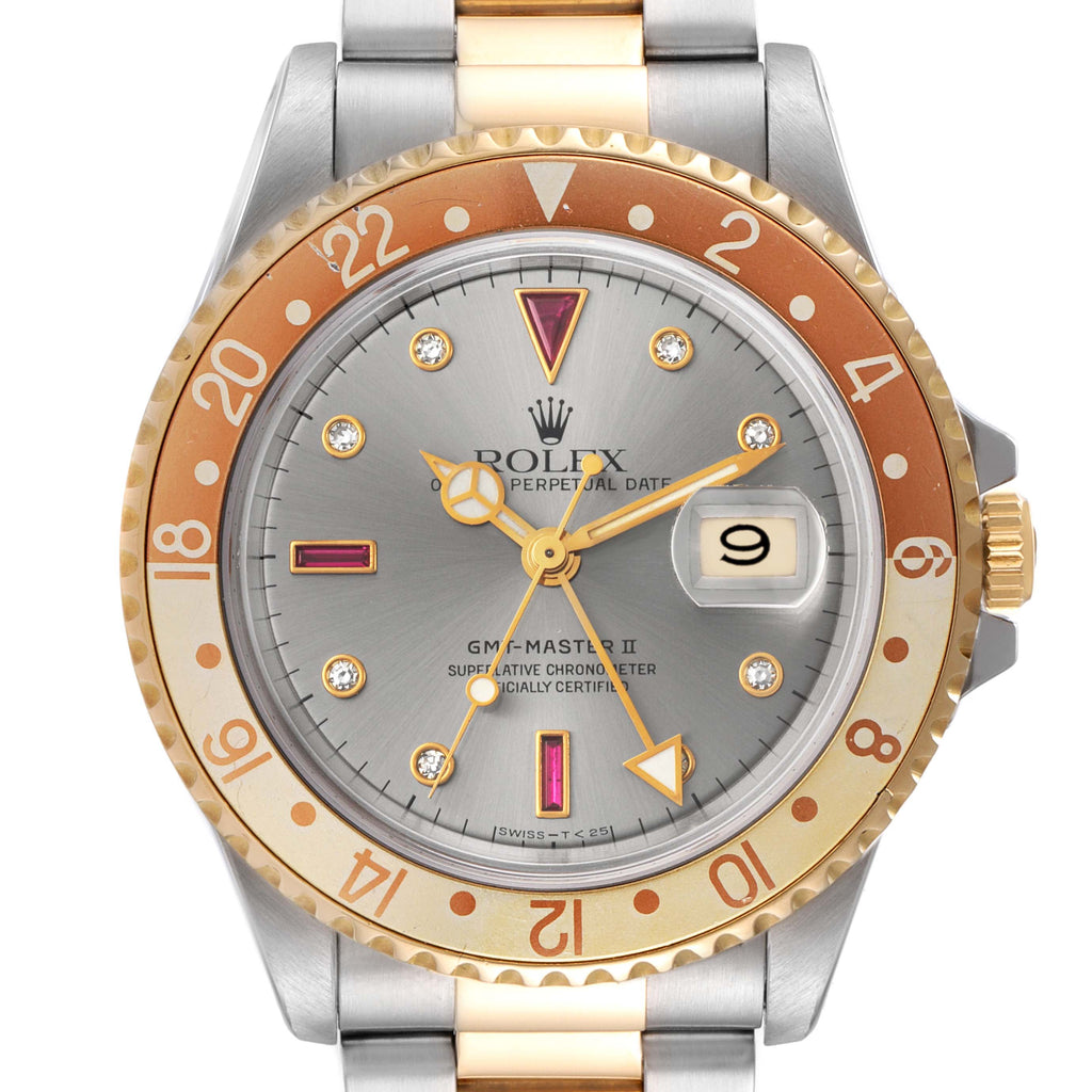 Rolex GMT Master II Steel Yellow Gold Rootbeer Serti Dial Mens Watch 16713