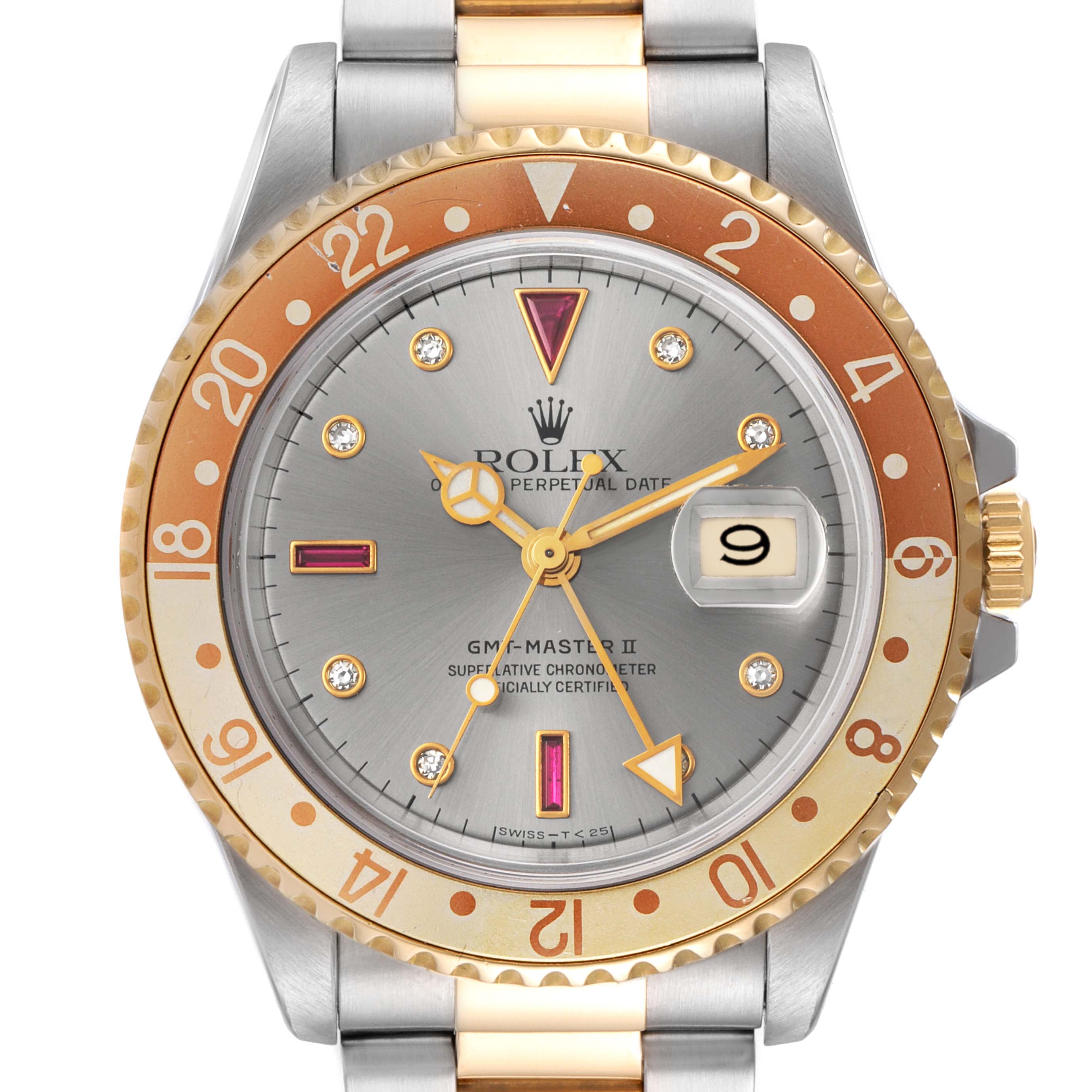Rolex GMT Master II Steel Yellow Gold Rootbeer Serti Dial Mens Watch 16713